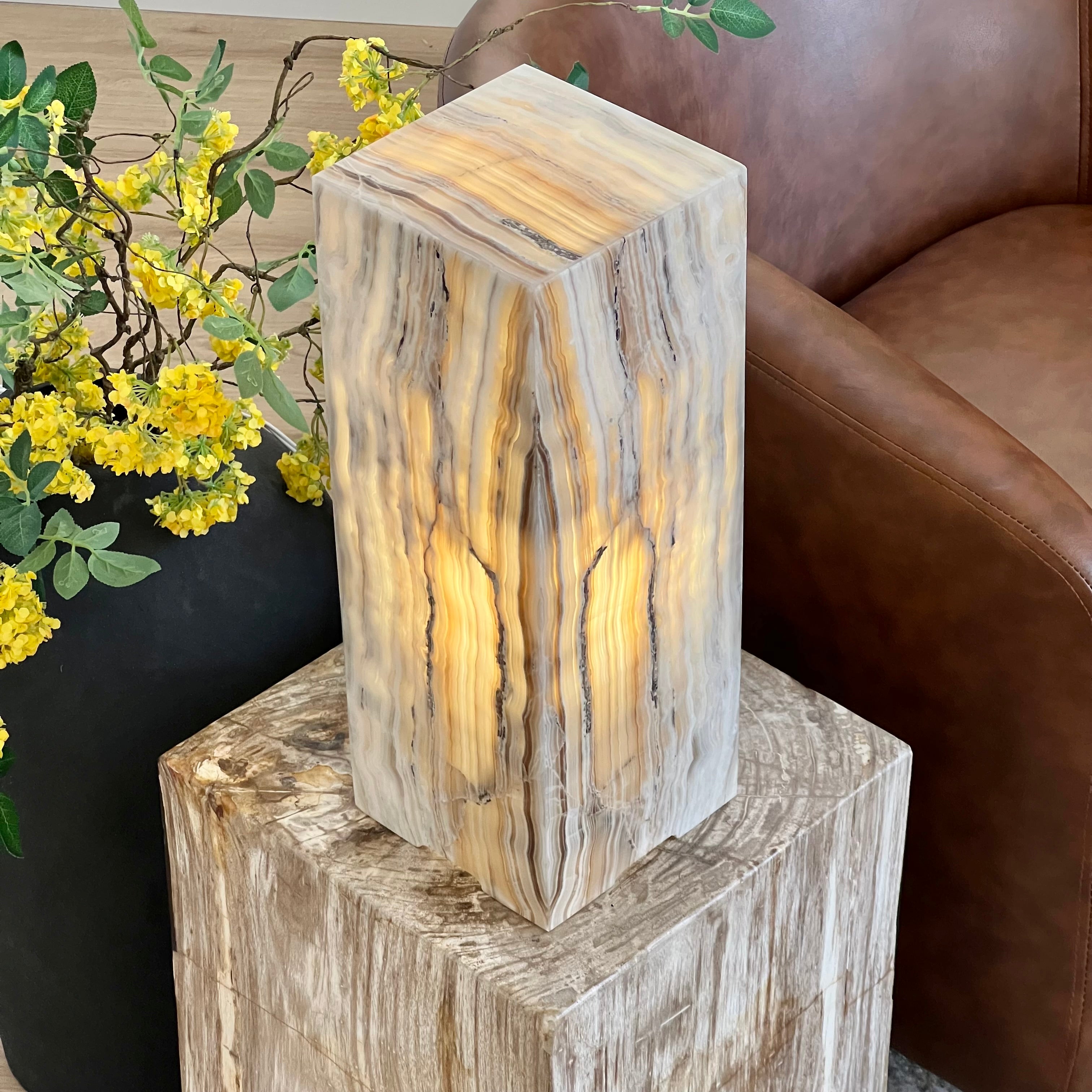 Gray & Amber Handcrafted Natural Onyx Stone Lamp – Rectangular Column