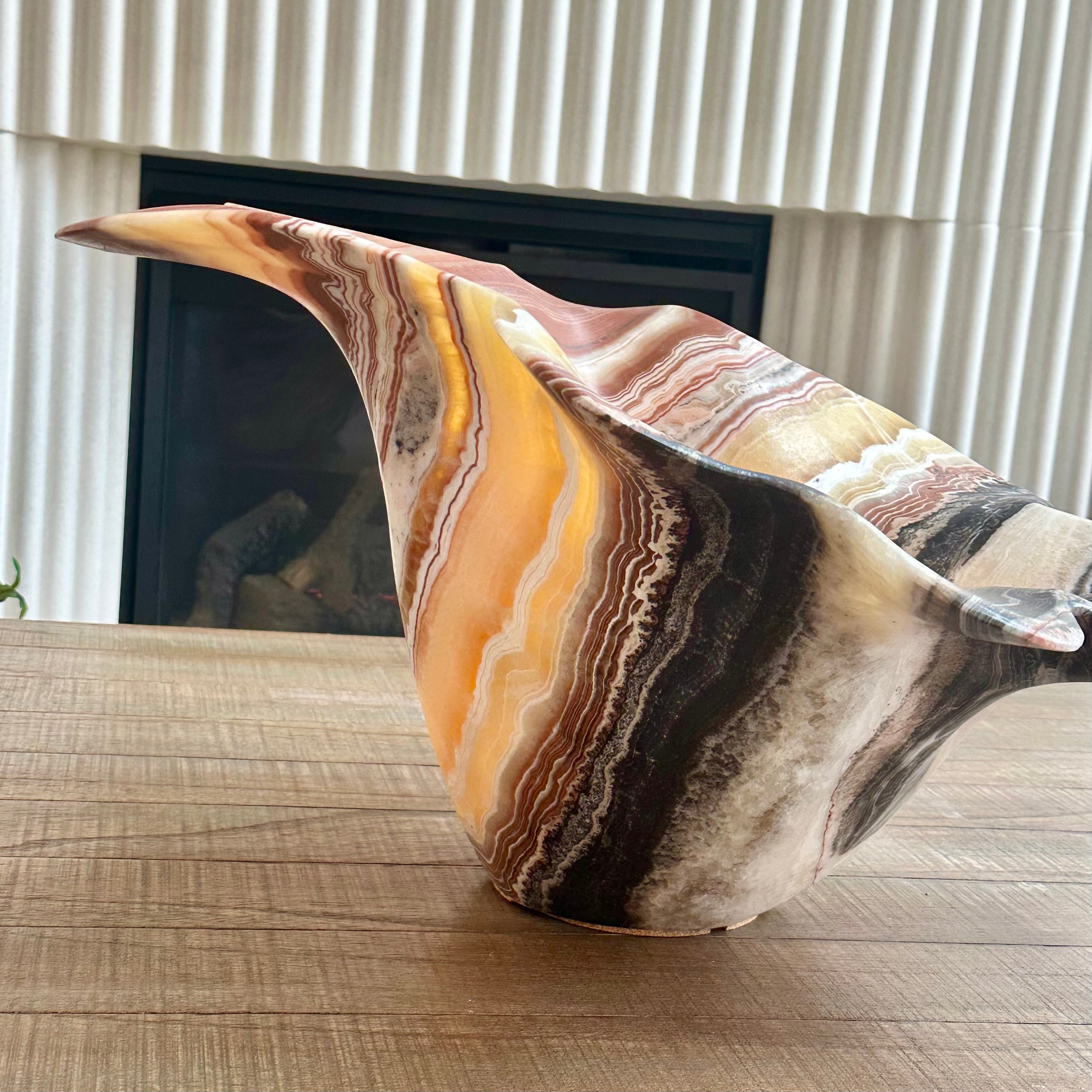Hand-Carved Onyx Flower Bowl – Red, Yellow, White & Black Veined Stone Centerpiece