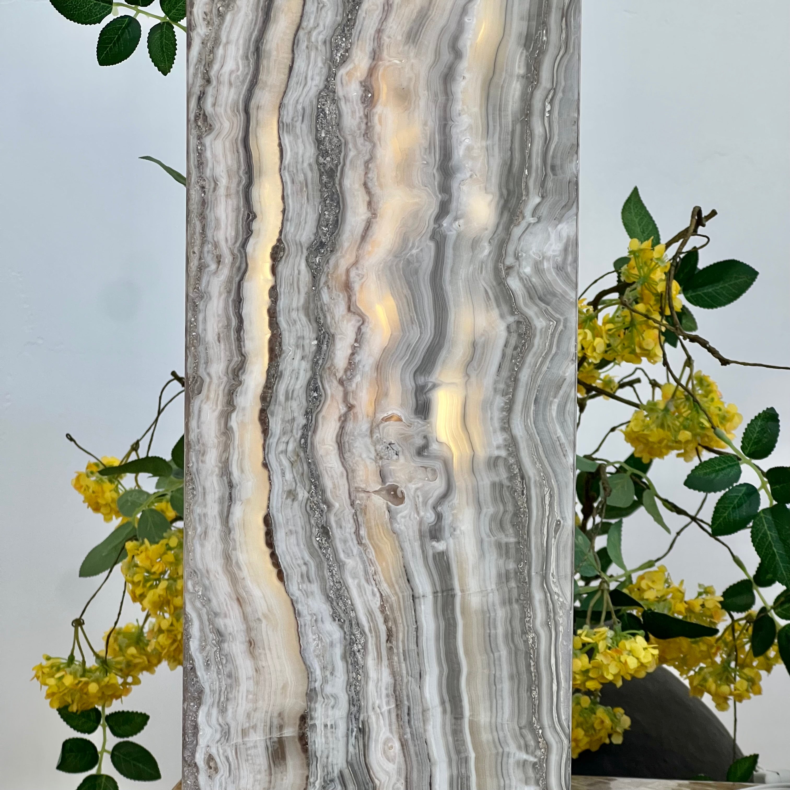 Gray & Amber Handcrafted Natural Onyx Stone Lamp – Rectangular Column