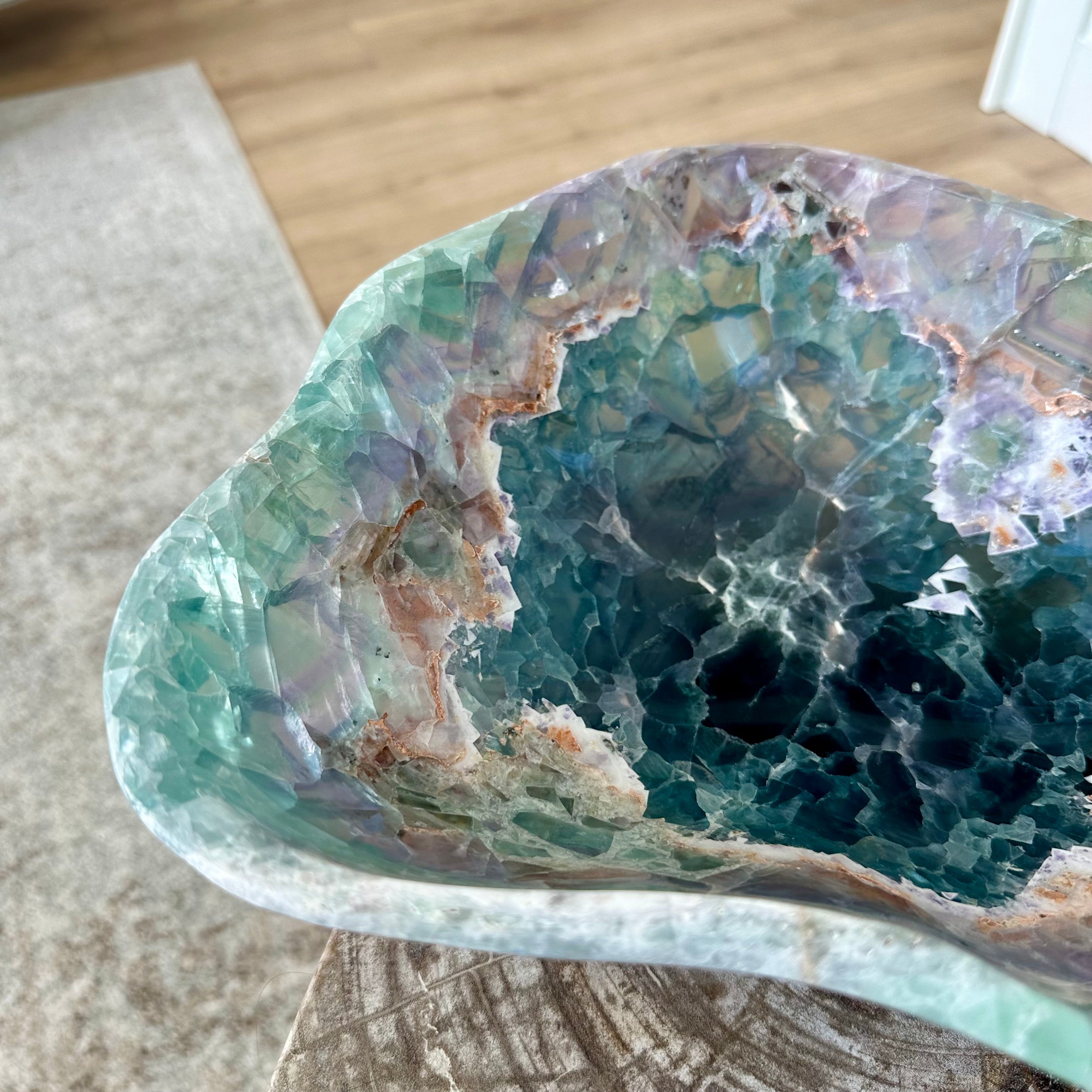 Natural Fluorite Bowl – Hand Carved Crystal Bowl for Home Decor, Charging, or Altar | Green Purple Gemstone