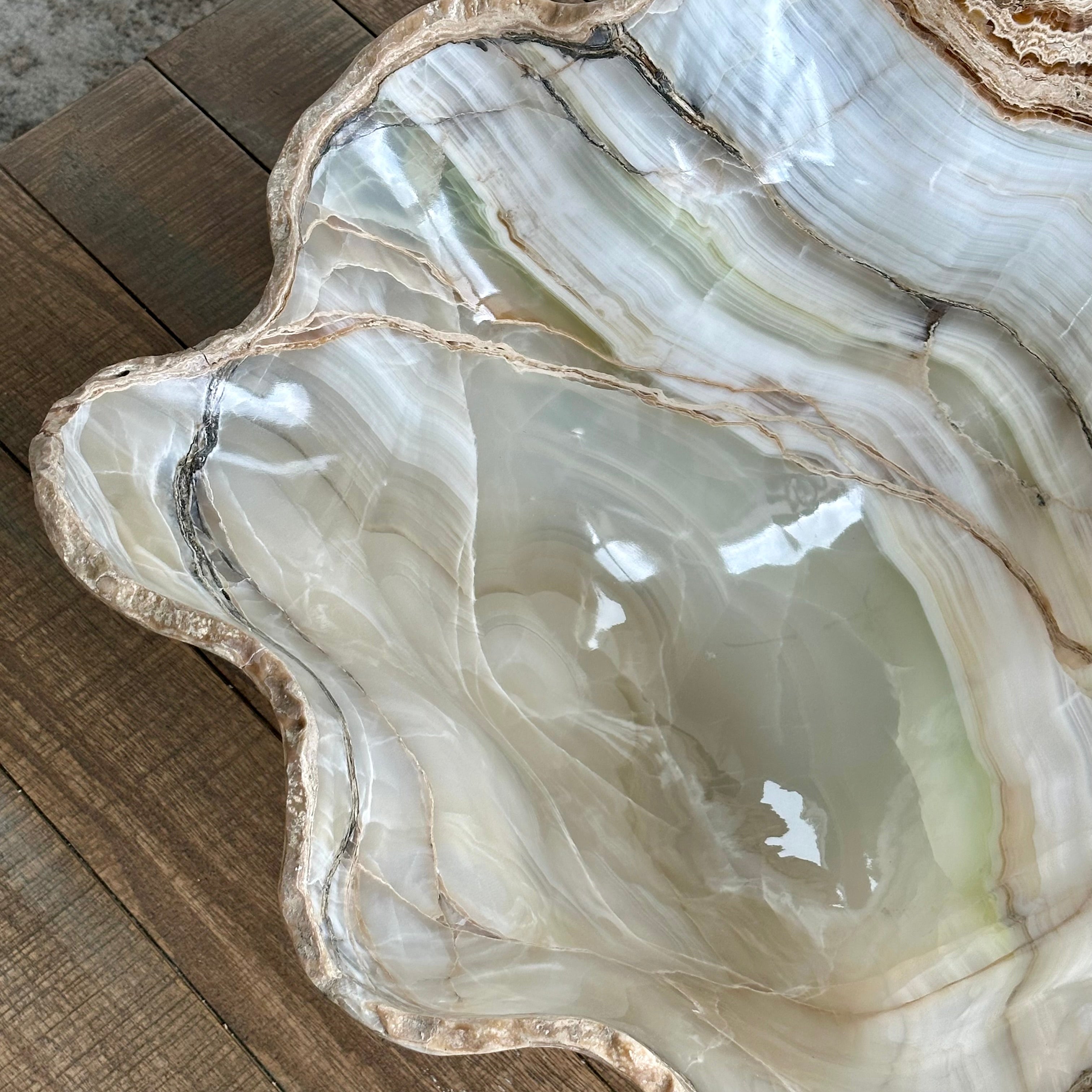 Large Hand-Carved Clear & White Onyx Bowl with Hints of Green and Amber