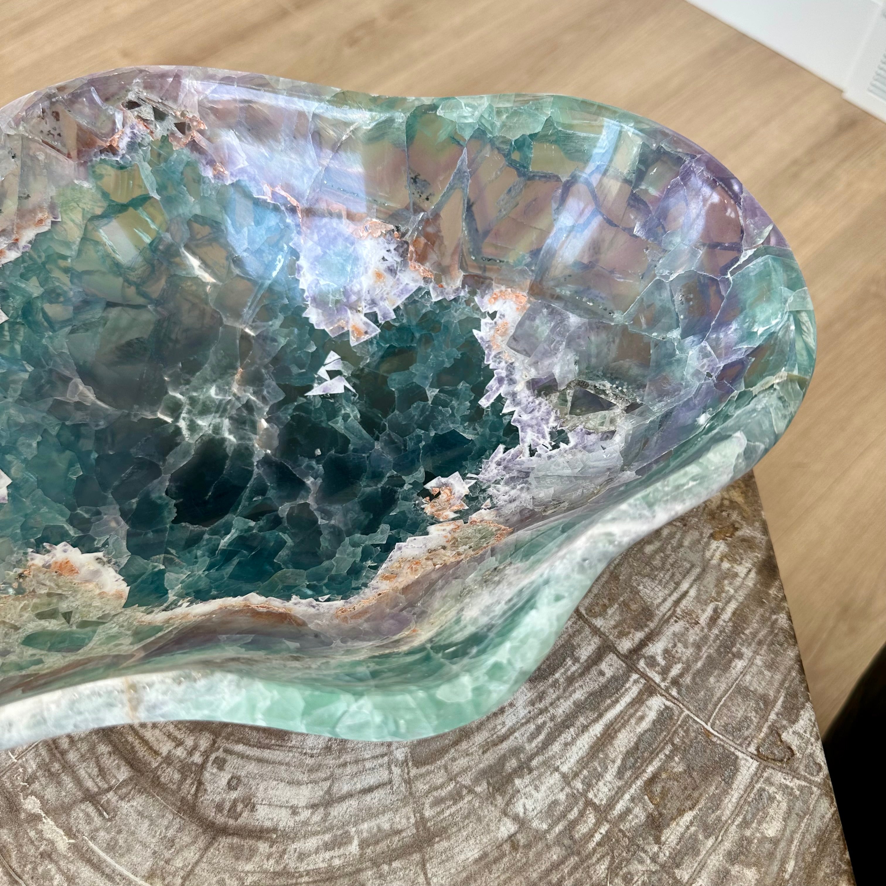 Natural Fluorite Bowl – Hand Carved Crystal Bowl for Home Decor, Charging, or Altar | Green Purple Gemstone