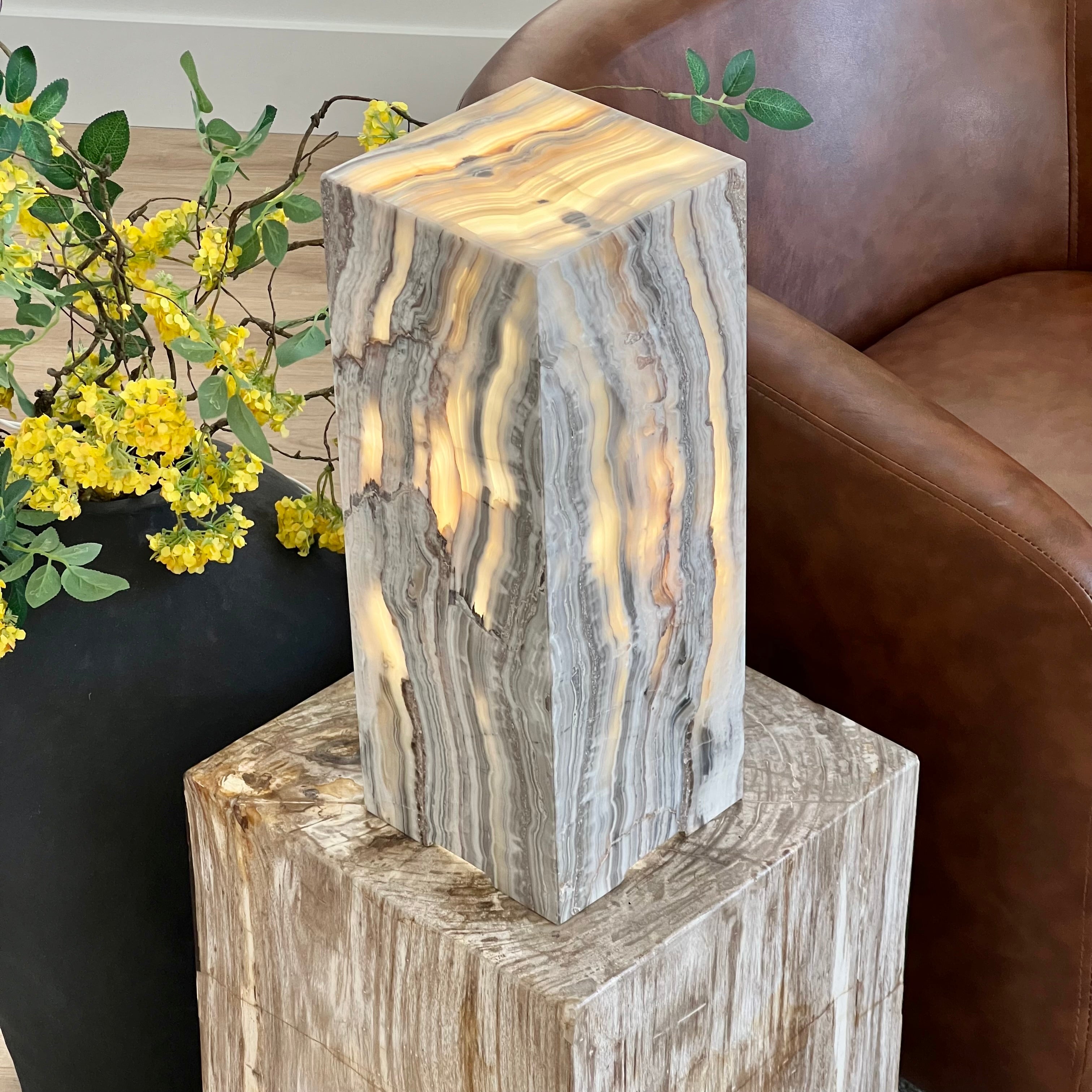 Gray & Amber Handcrafted Natural Onyx Stone Lamp – Rectangular Column