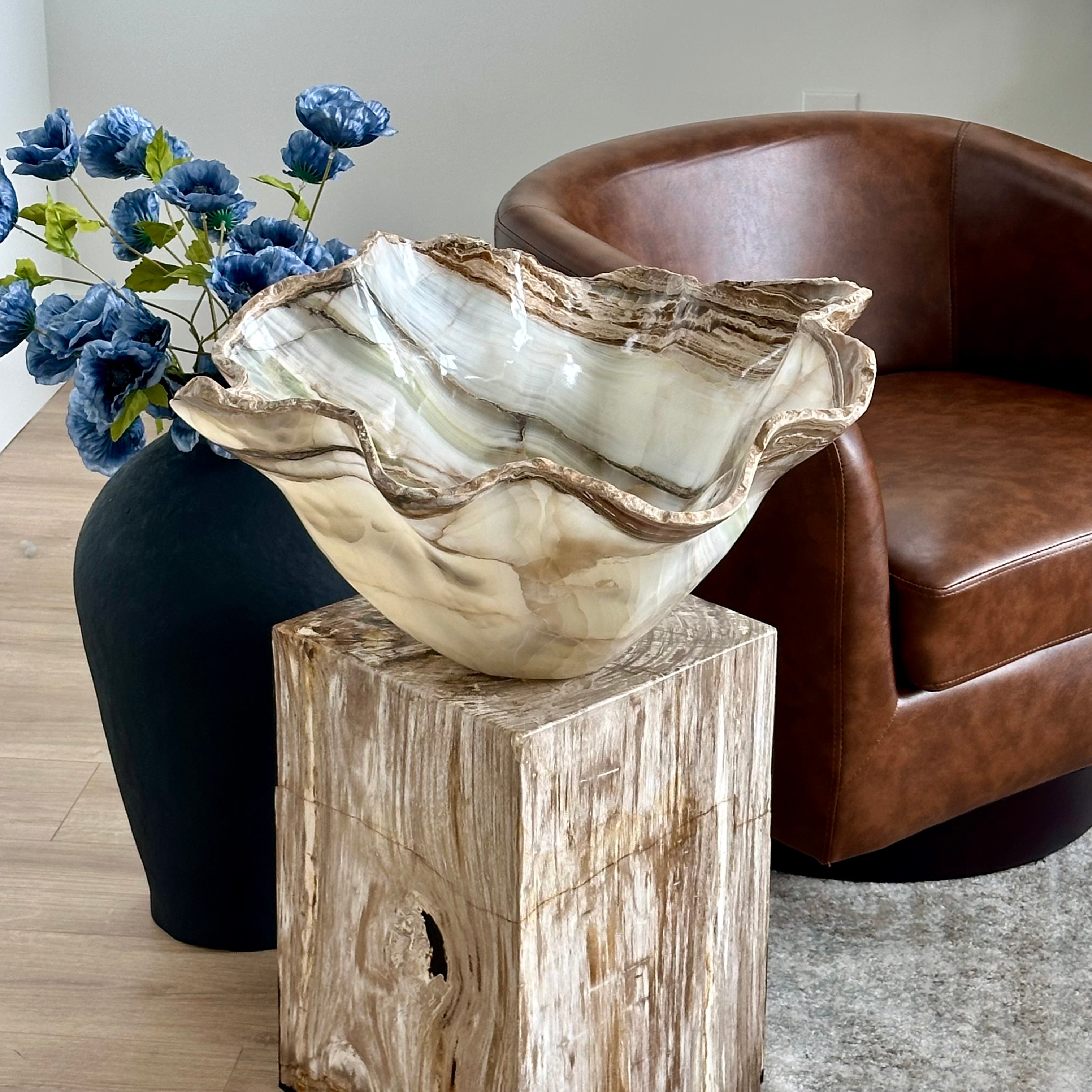 Large Hand-Carved Clear & White Onyx Bowl with Hints of Green and Amber