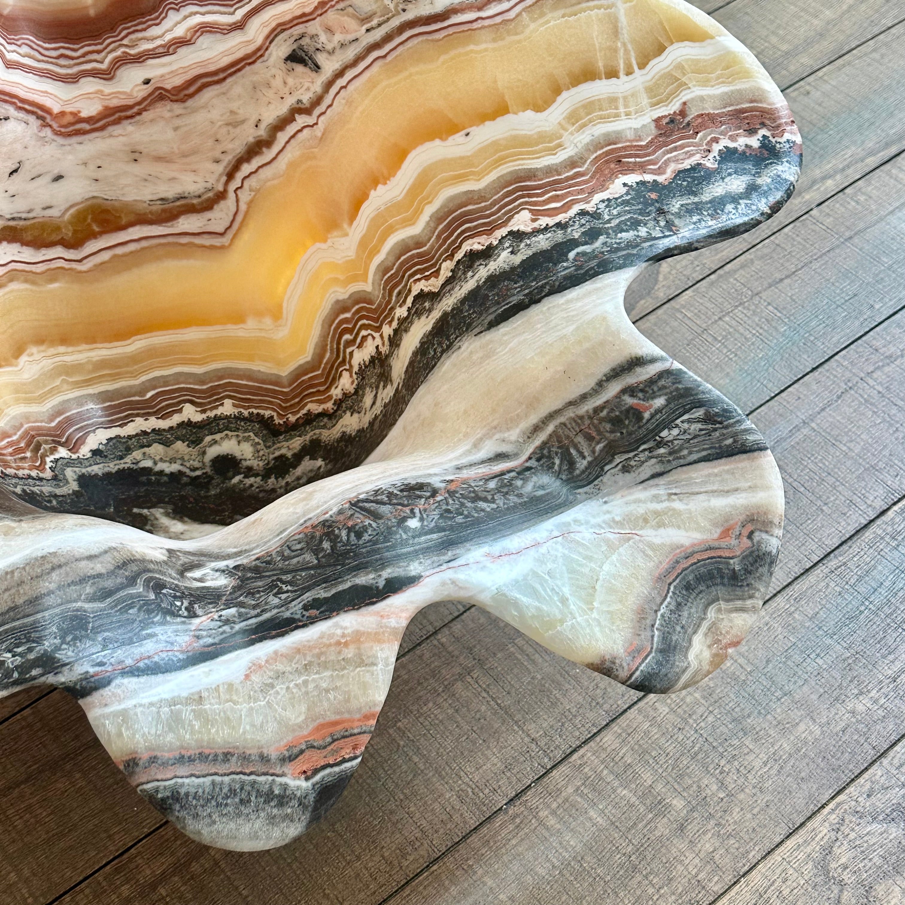 Hand-Carved Onyx Flower Bowl – Red, Yellow, White & Black Veined Stone Centerpiece