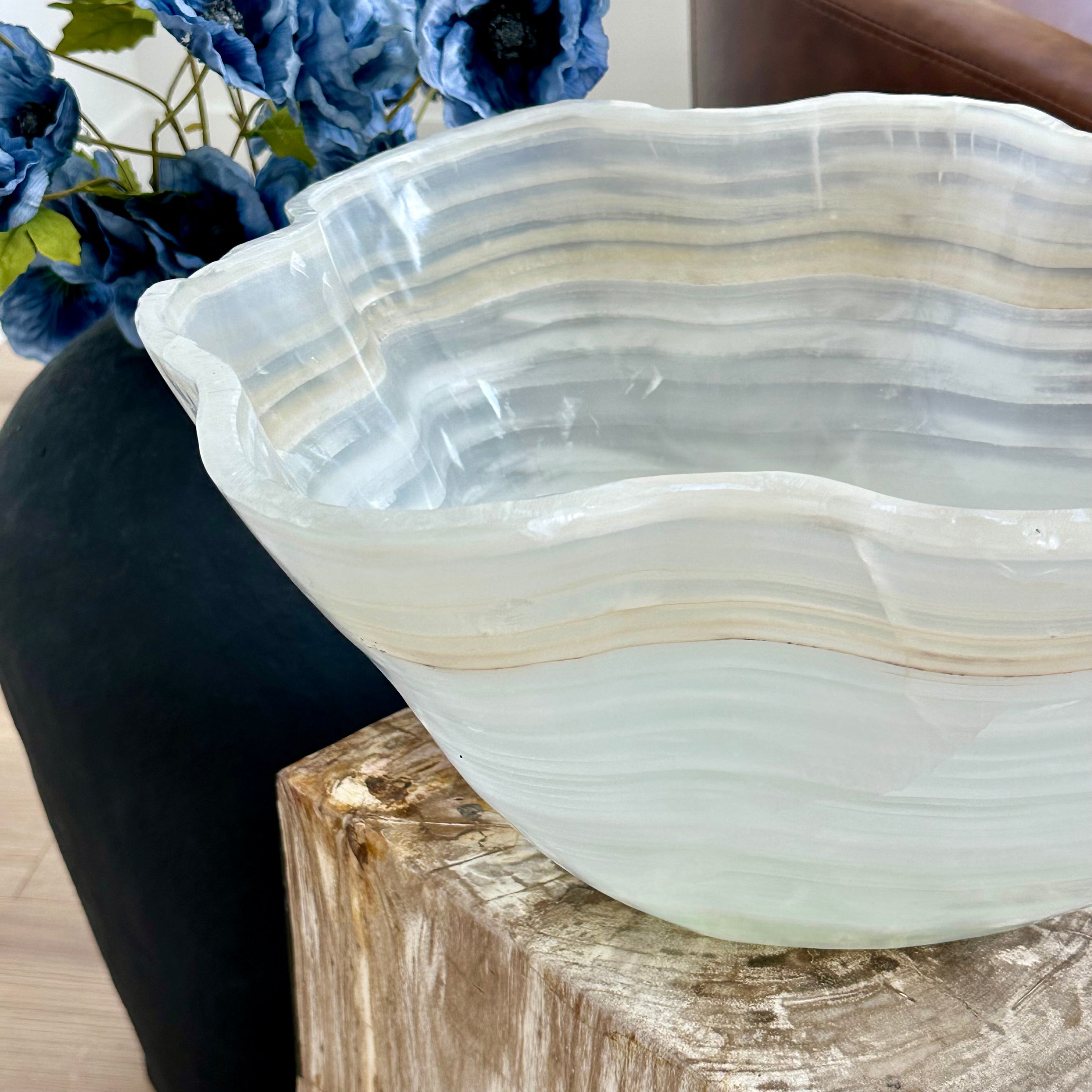Handcrafted Layered Clear Onyx Bowl with Beige and Green Bands