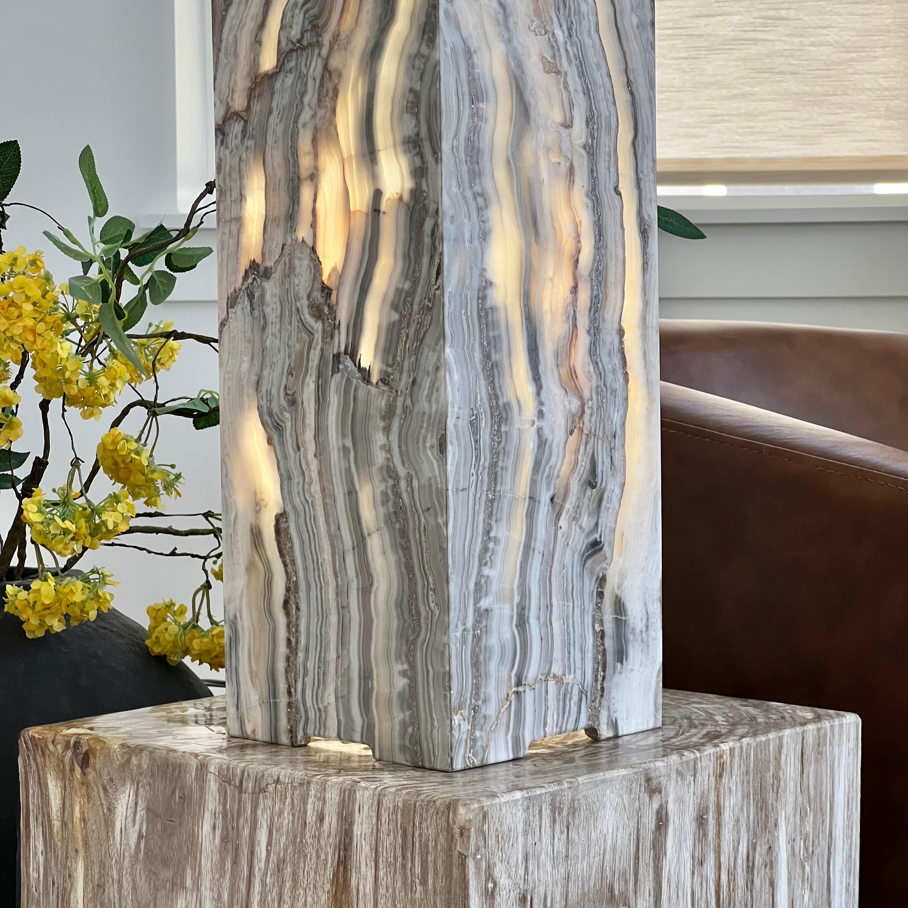 Gray & Amber Handcrafted Natural Onyx Stone Lamp – Rectangular Column