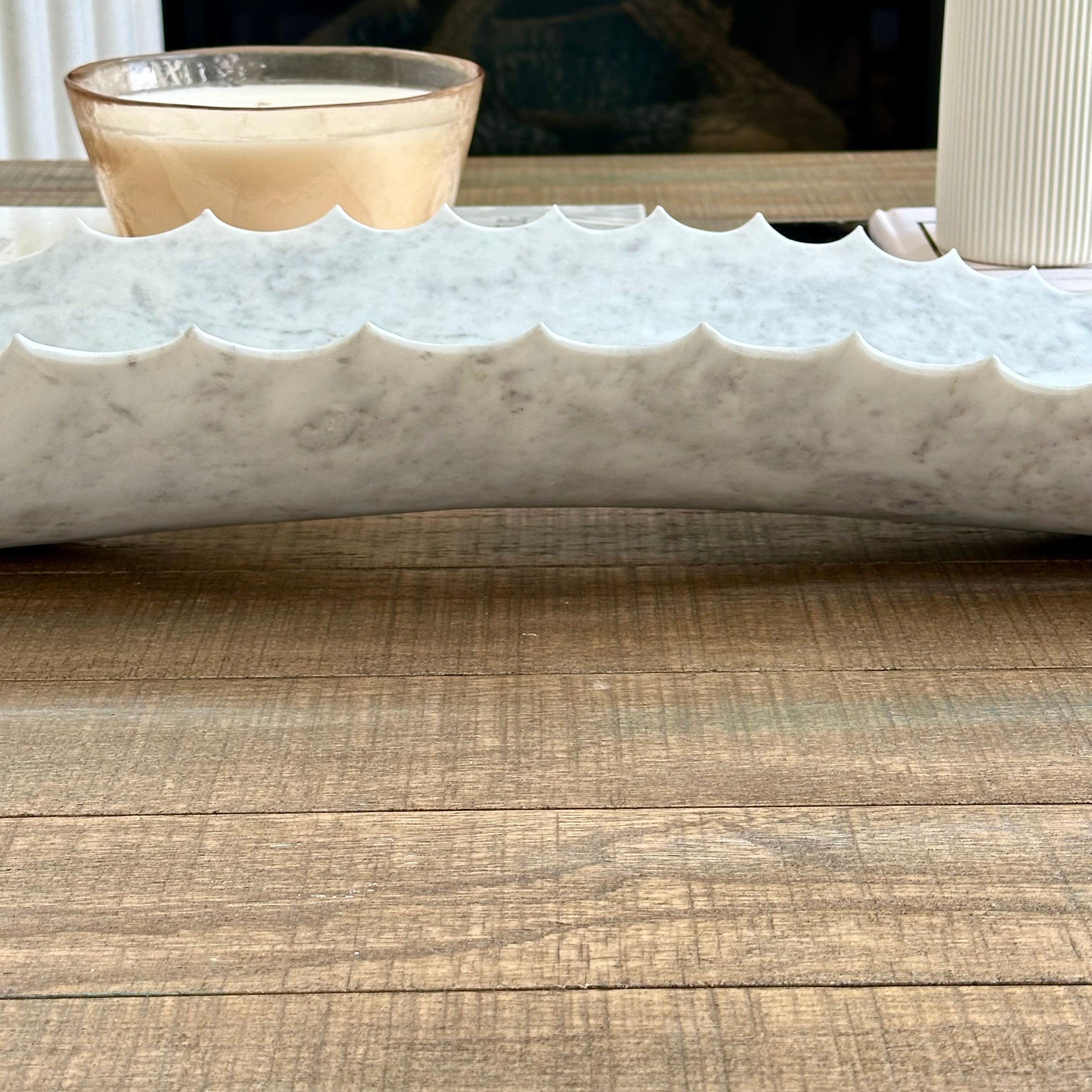 White Marble Agave Leaf Canoe Bowl – Hand-Carved Stone Centerpiece