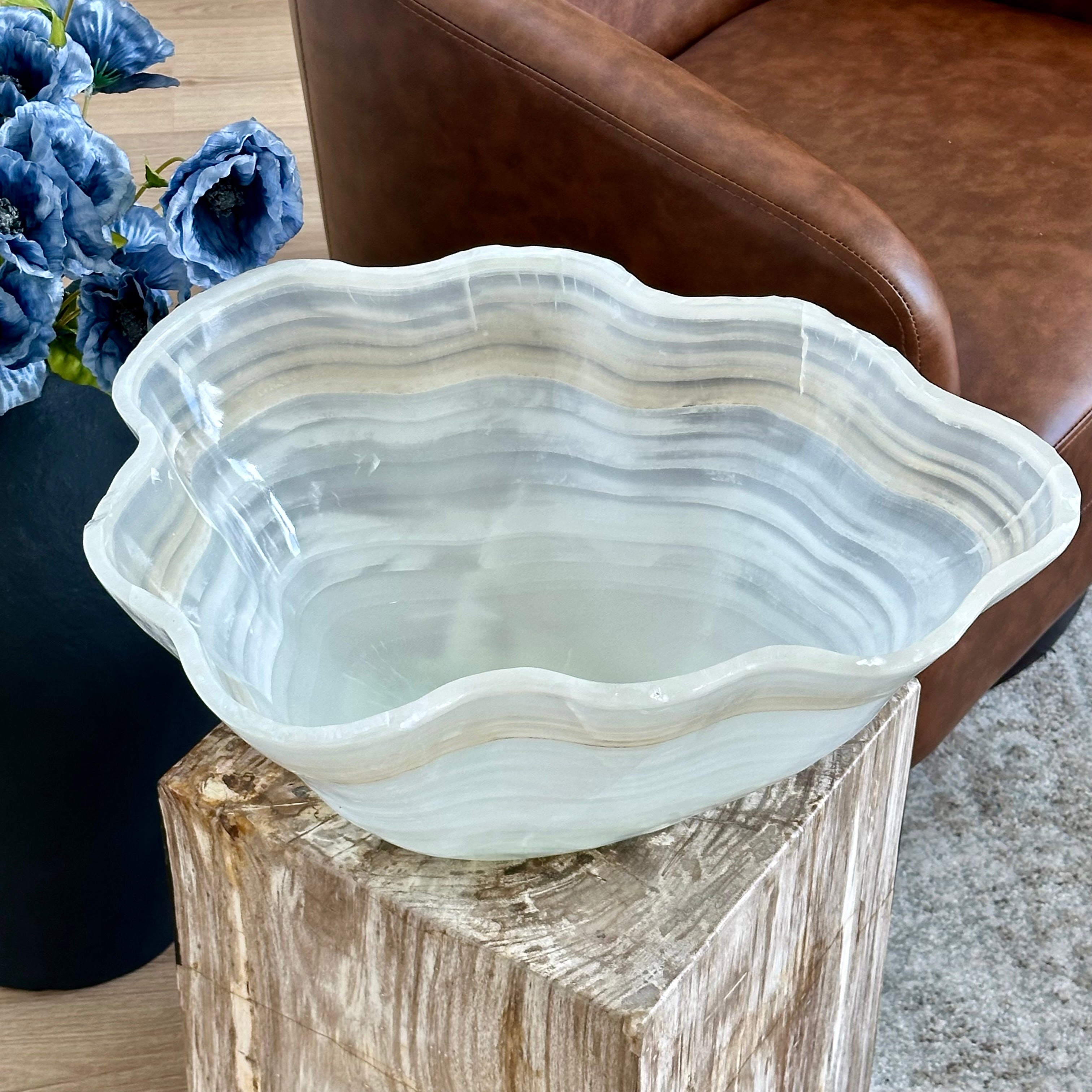 Handcrafted Layered Clear Onyx Bowl with Beige and Green Bands