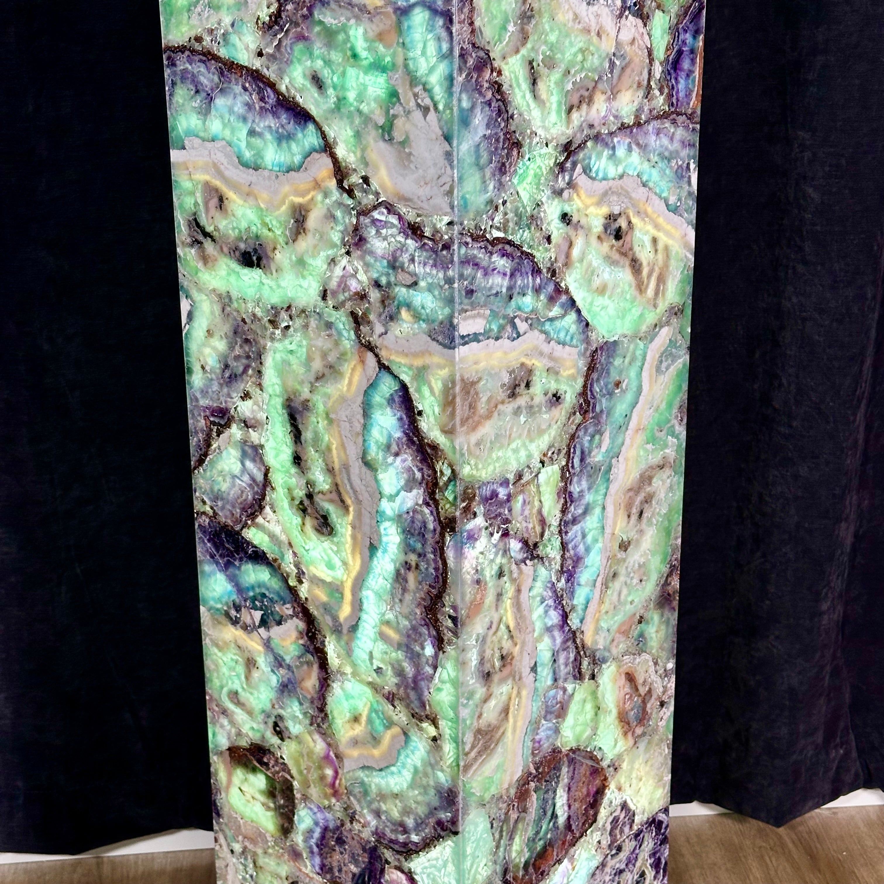 Fluorite Pillar Pedestal Lamp – 50” Tall Hand-Carved Gemstone Light Sculpture