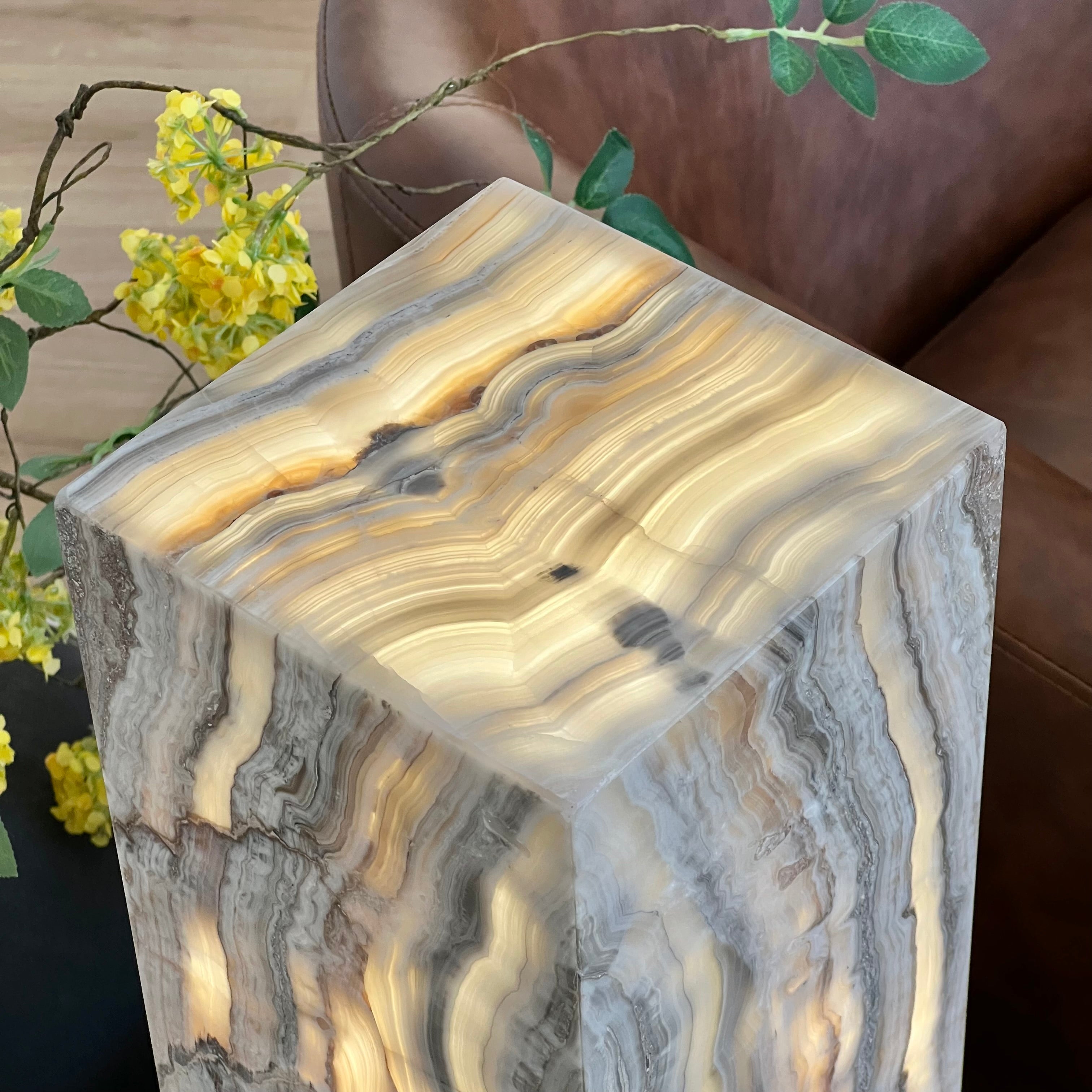 Gray & Amber Handcrafted Natural Onyx Stone Lamp – Rectangular Column