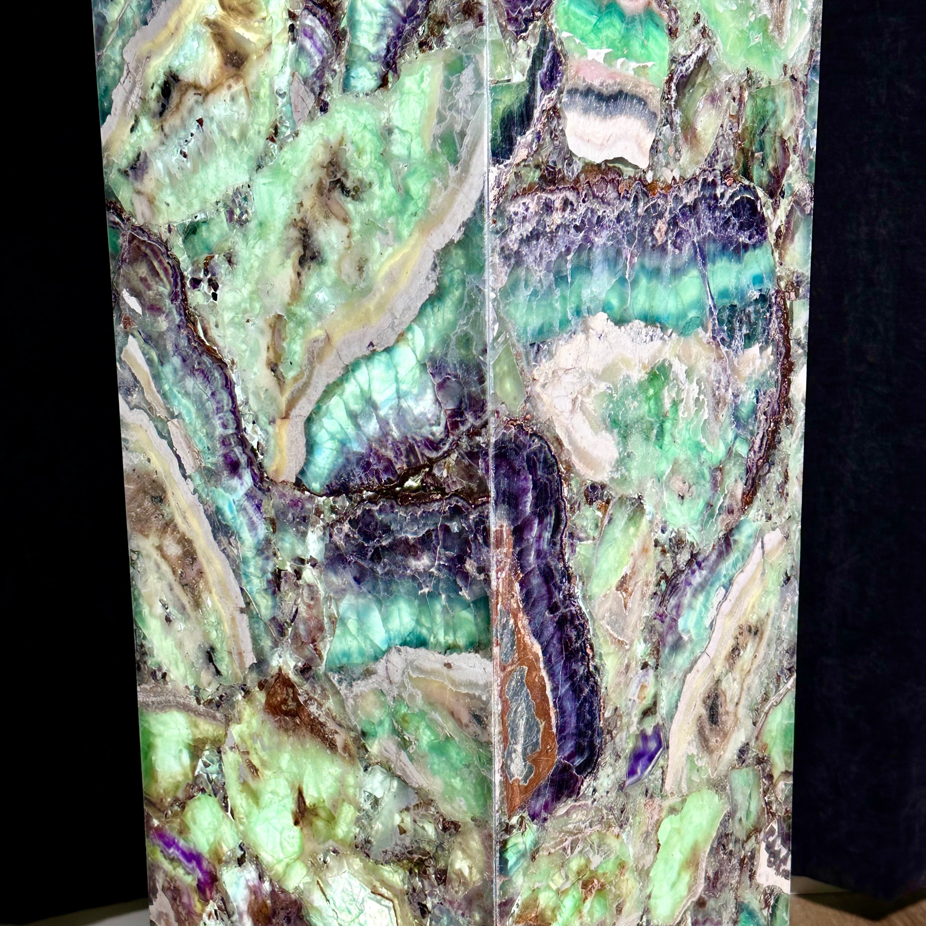 Fluorite Pillar Pedestal Lamp – 50” Tall Hand-Carved Gemstone Light Sculpture