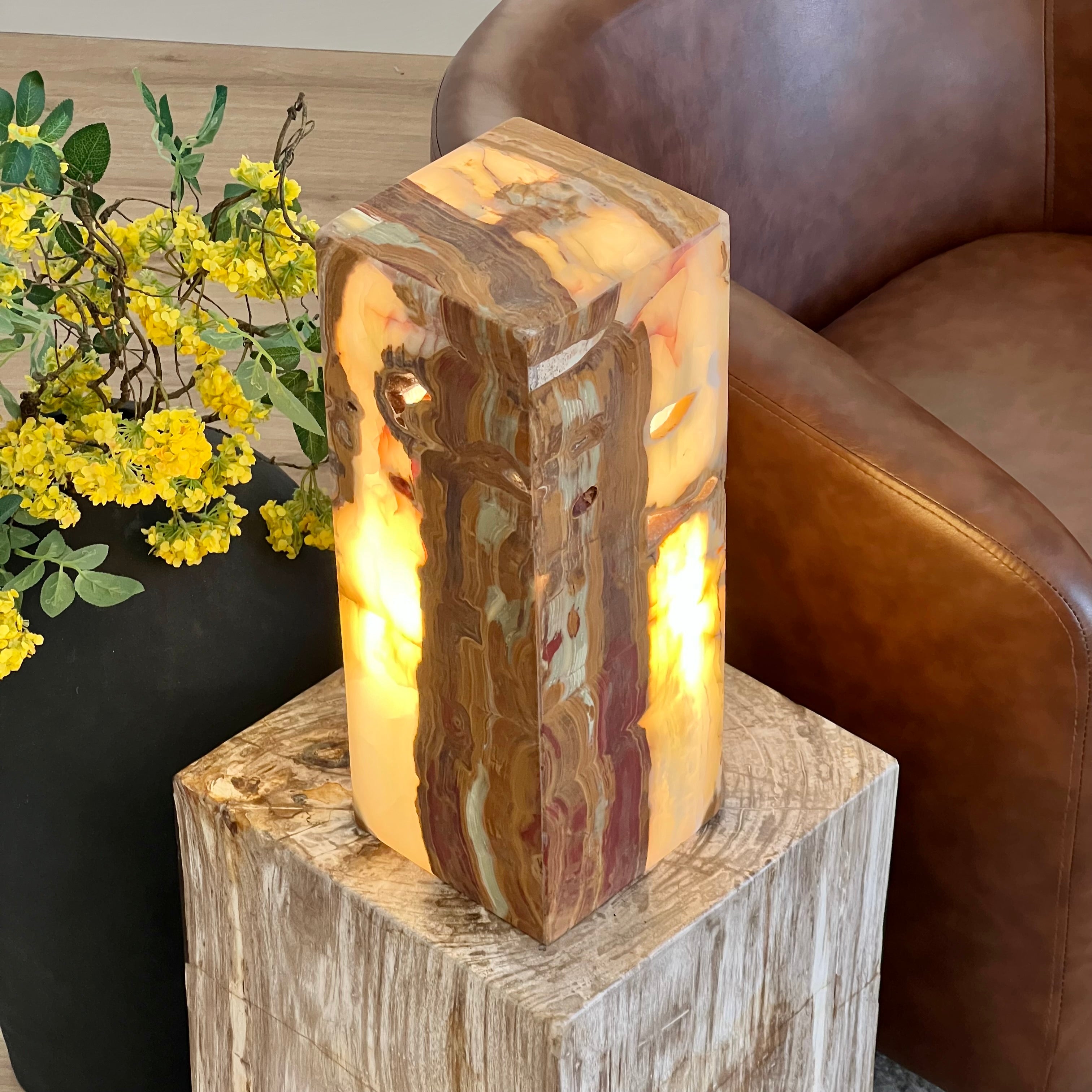 Green & Amber Earth Tones Handcrafted Natural Onyx Stone Lamp – Rectangular Column