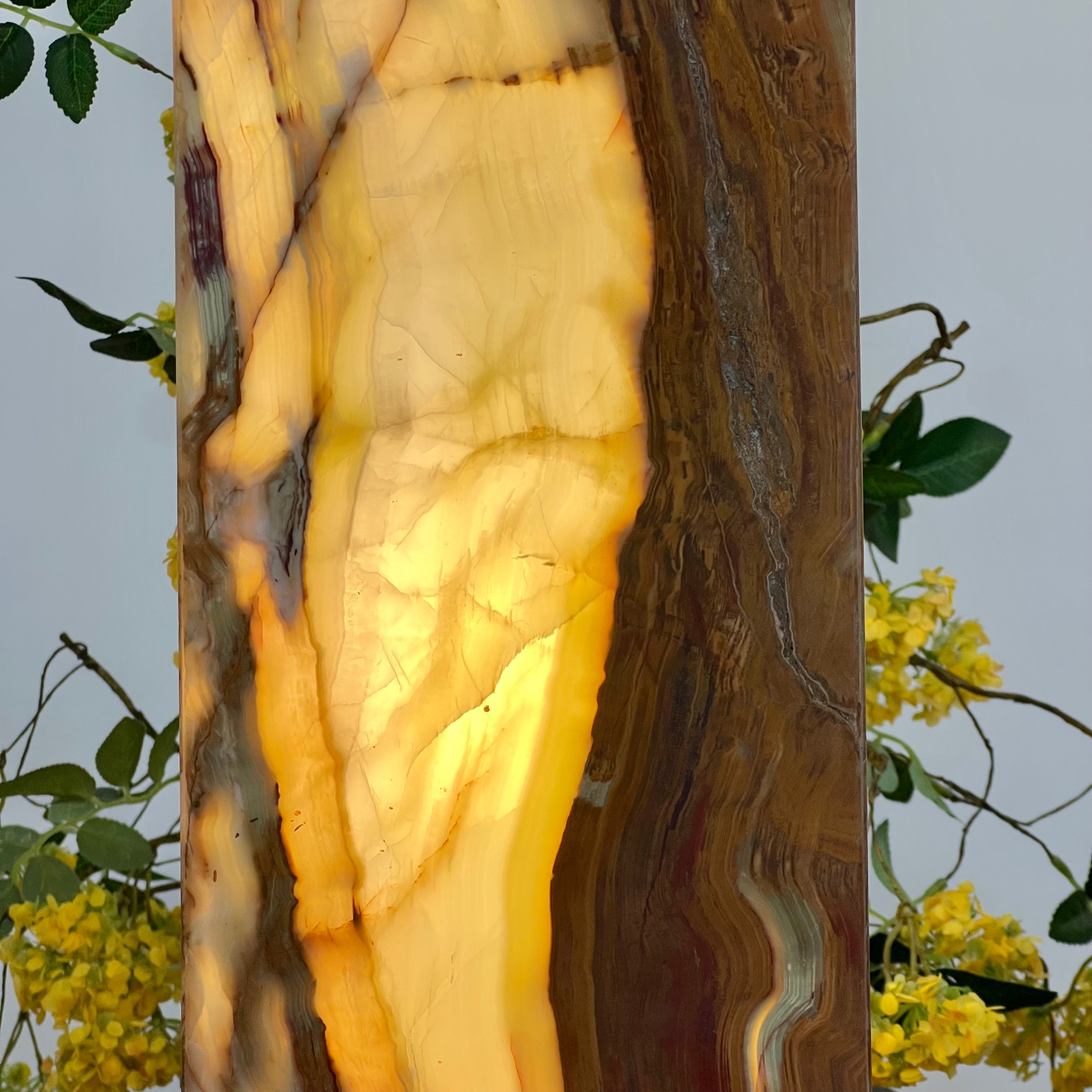 Green & Amber Earth Tones Handcrafted Natural Onyx Stone Lamp – Rectangular Column
