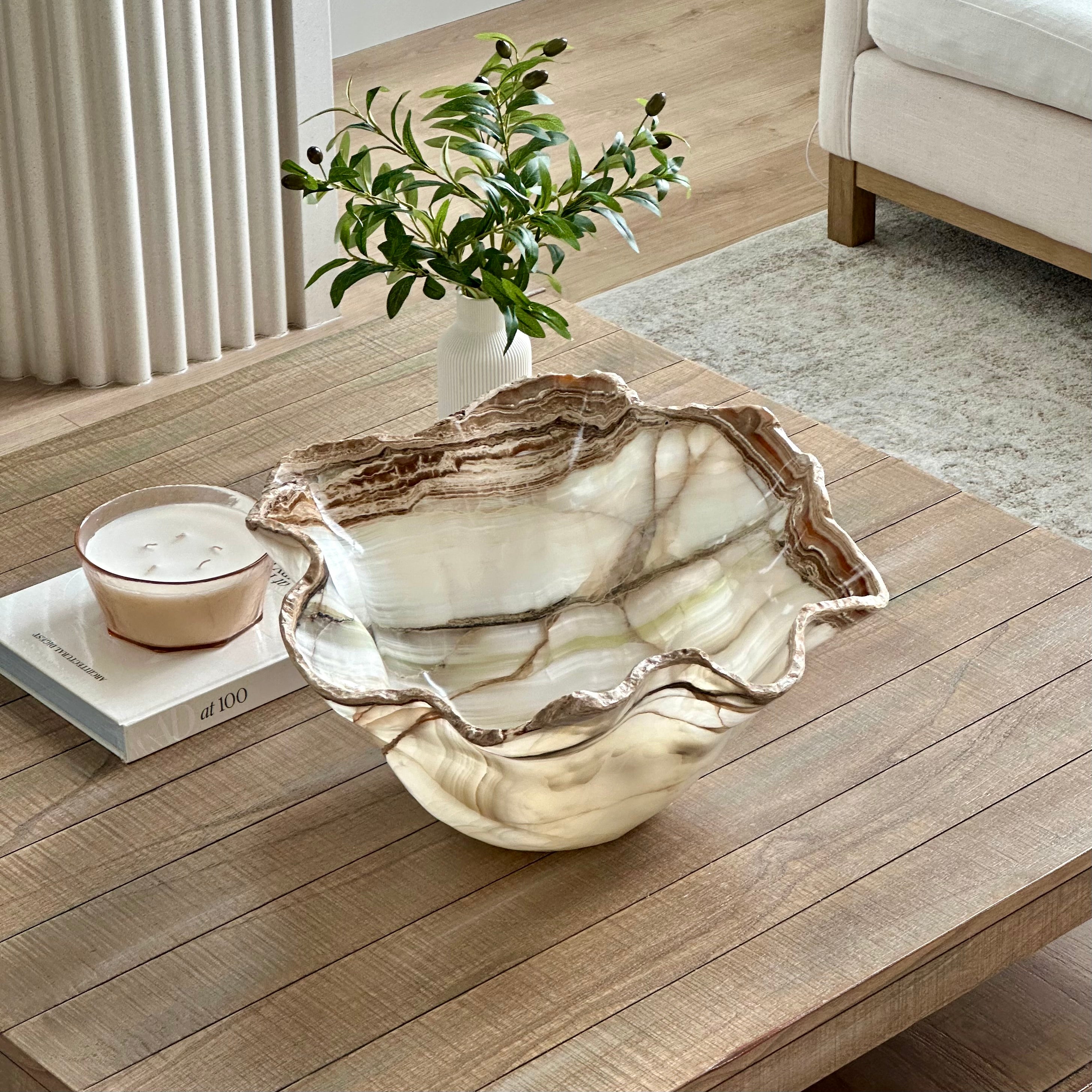 Large Hand-Carved Clear & White Onyx Bowl with Hints of Green and Amber