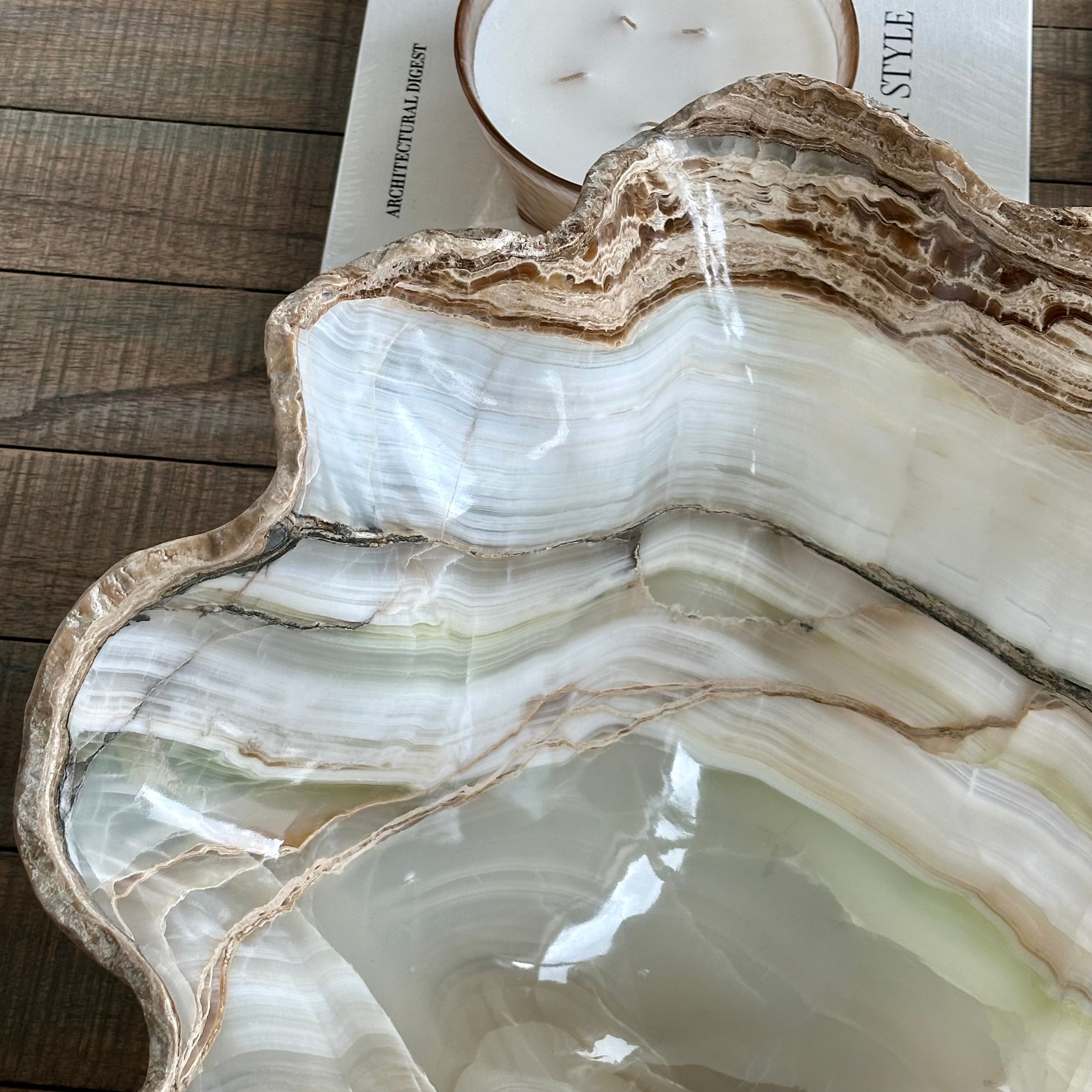 Large Hand-Carved Clear & White Onyx Bowl with Hints of Green and Amber