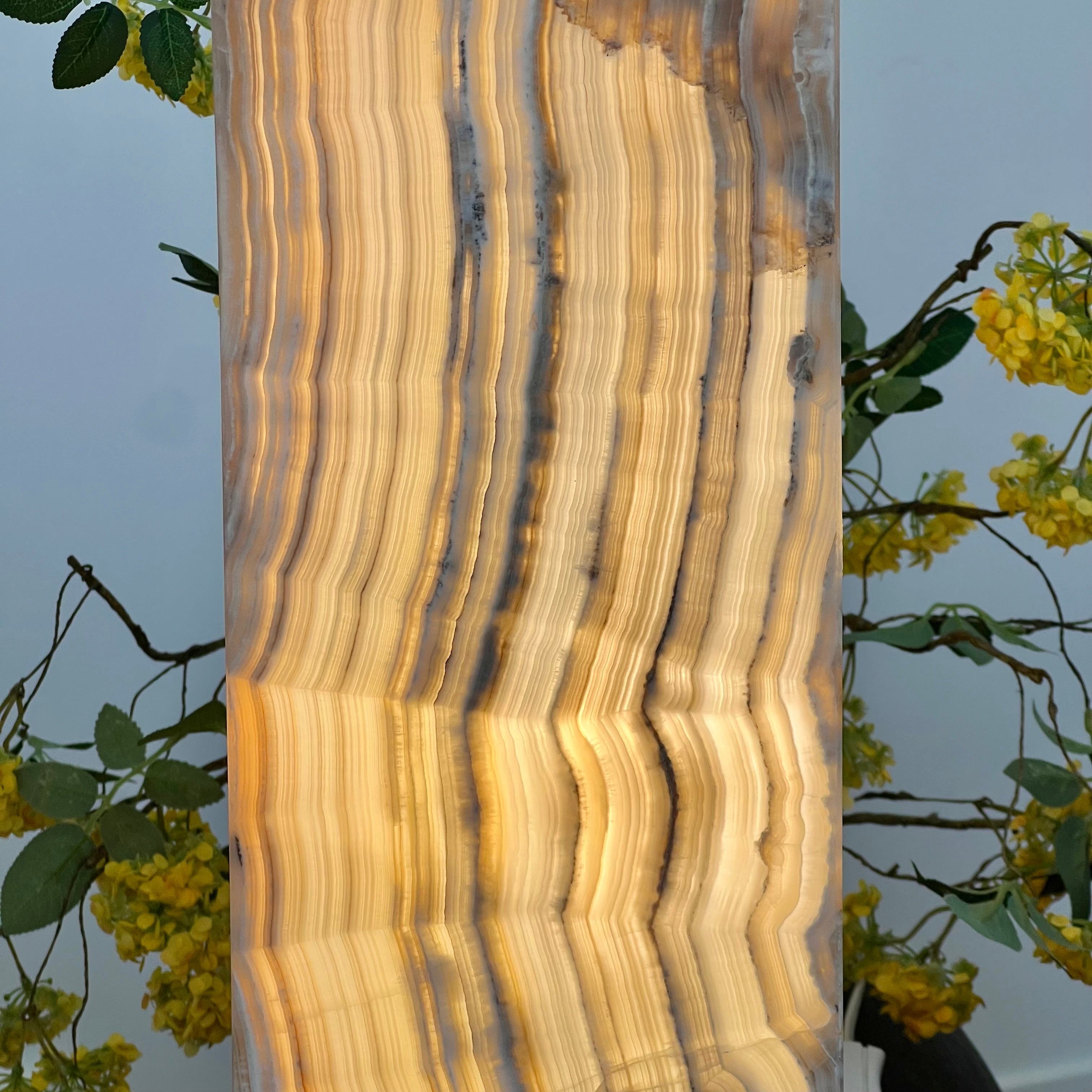 Gray & Amber Handcrafted Natural Onyx Stone Lamp – Rectangular Column