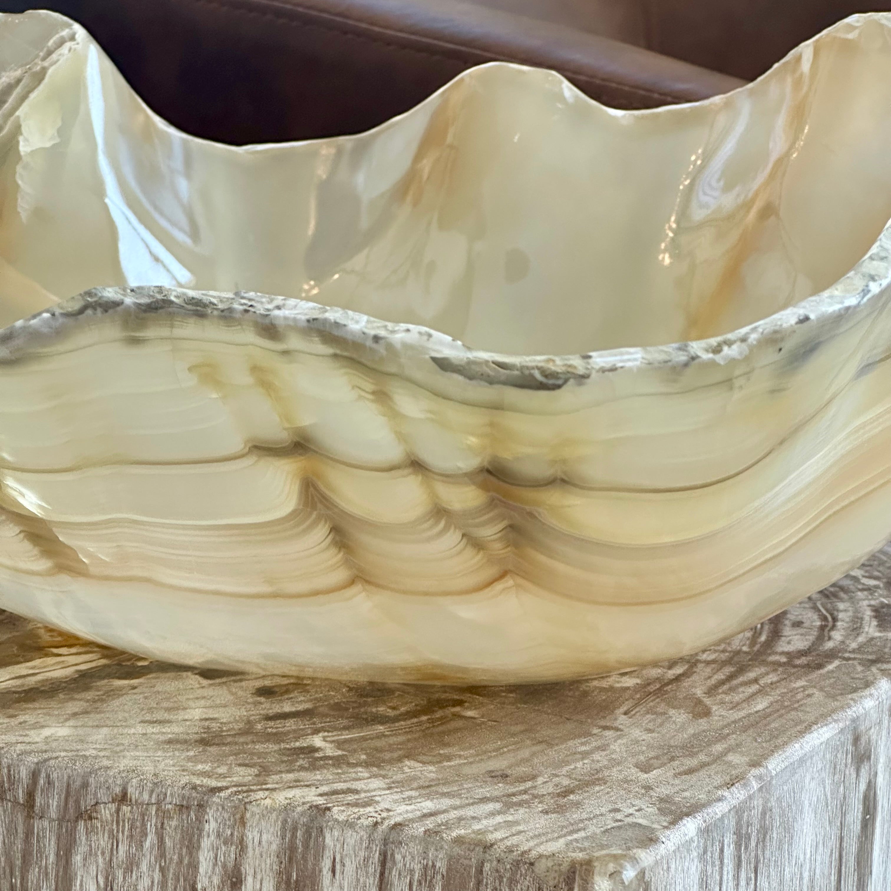 Wavy Edge Honey Onyx Bowl – 17” Hand-Carved Stone Centerpiece