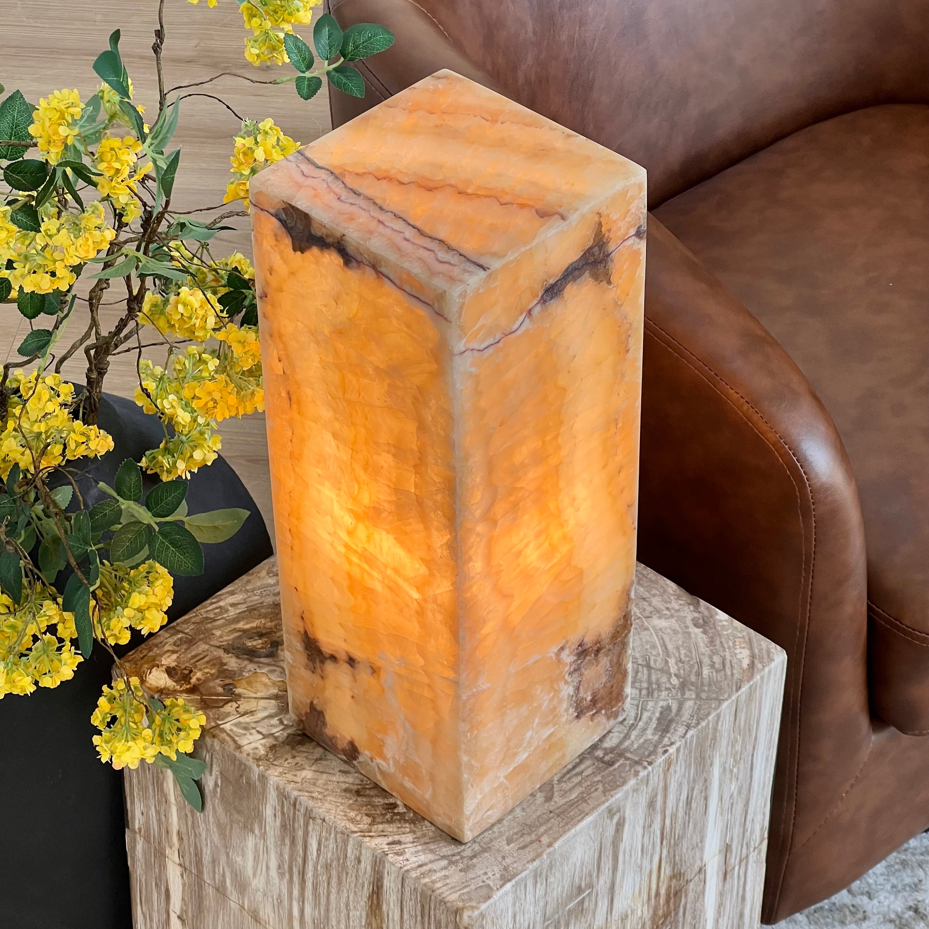 Handcrafted Onyx Tower Lamp (Golden Amber with Smoky Veining)