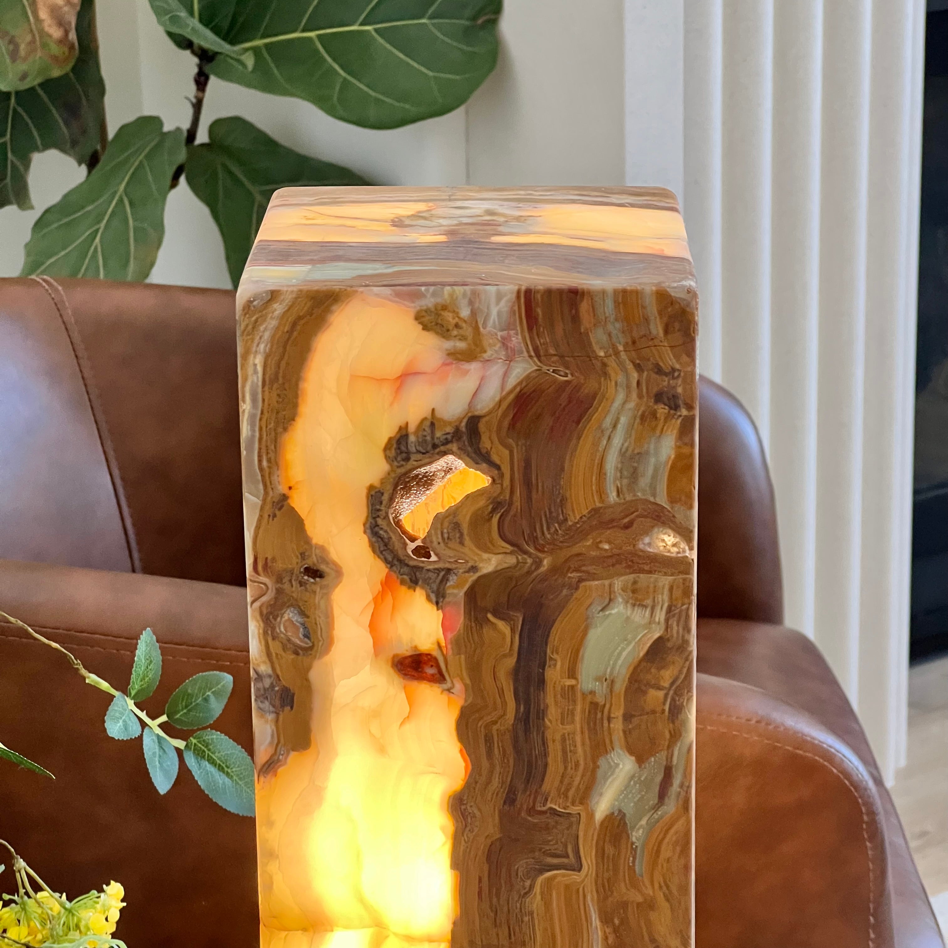 Green & Amber Earth Tones Handcrafted Natural Onyx Stone Lamp – Rectangular Column