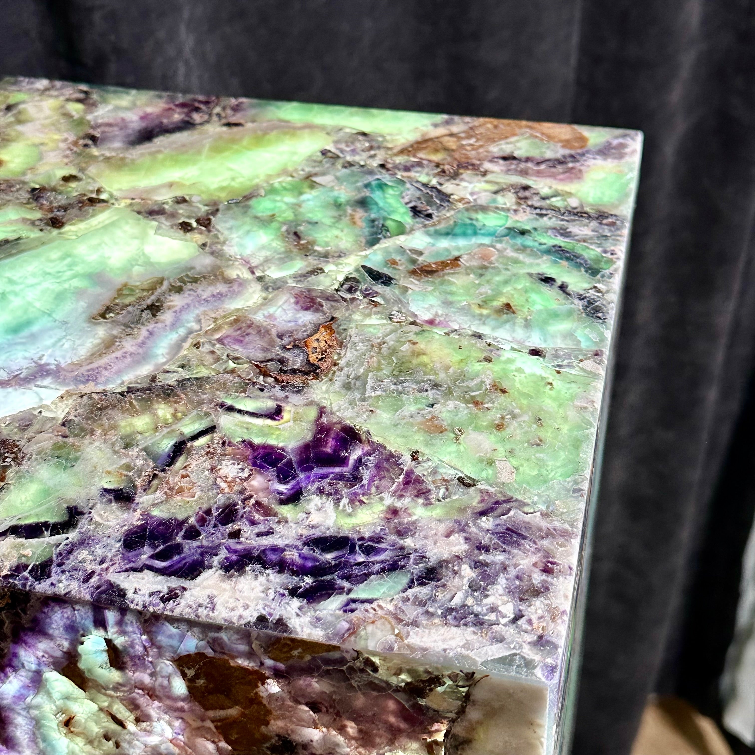 Fluorite Pillar Pedestal Lamp – 50” Tall Hand-Carved Gemstone Light Sculpture