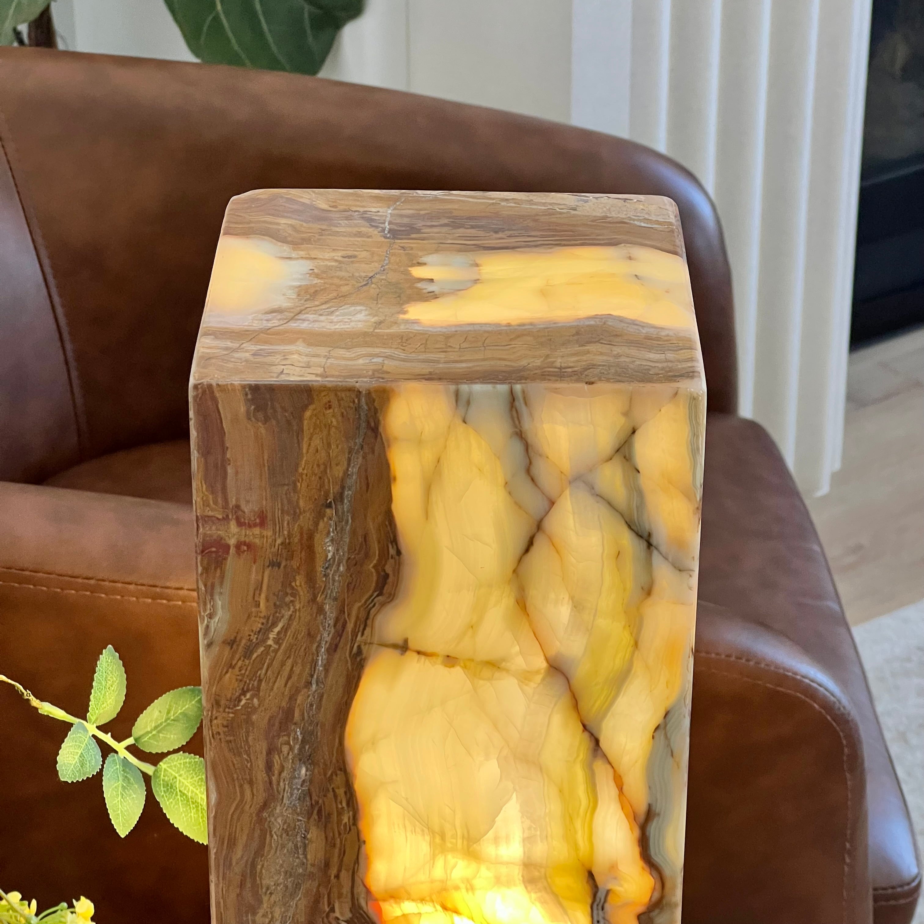 Green & Amber Earth Tones Handcrafted Natural Onyx Stone Lamp – Rectangular Column