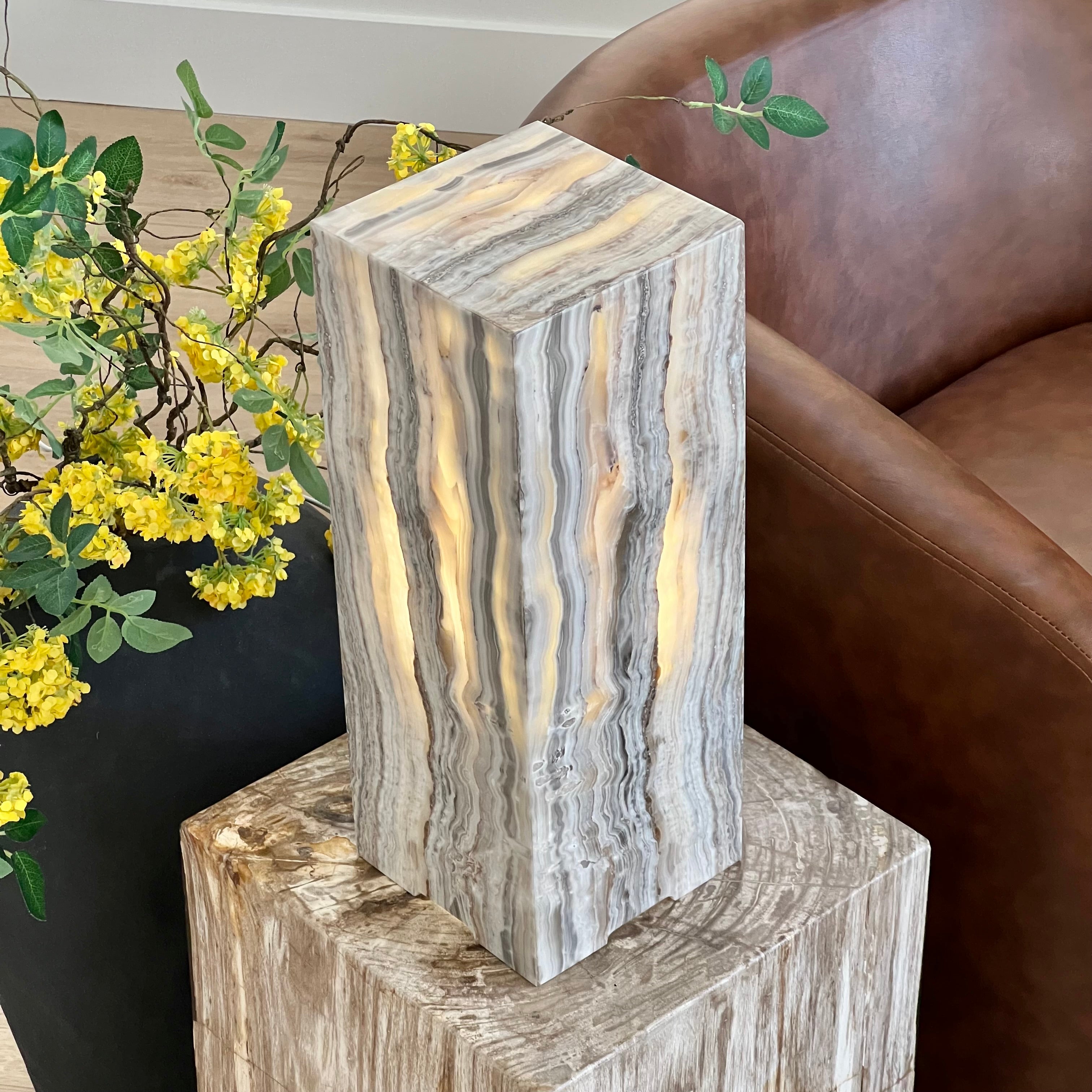 Gray & Amber Handcrafted Natural Onyx Stone Lamp – Rectangular Column
