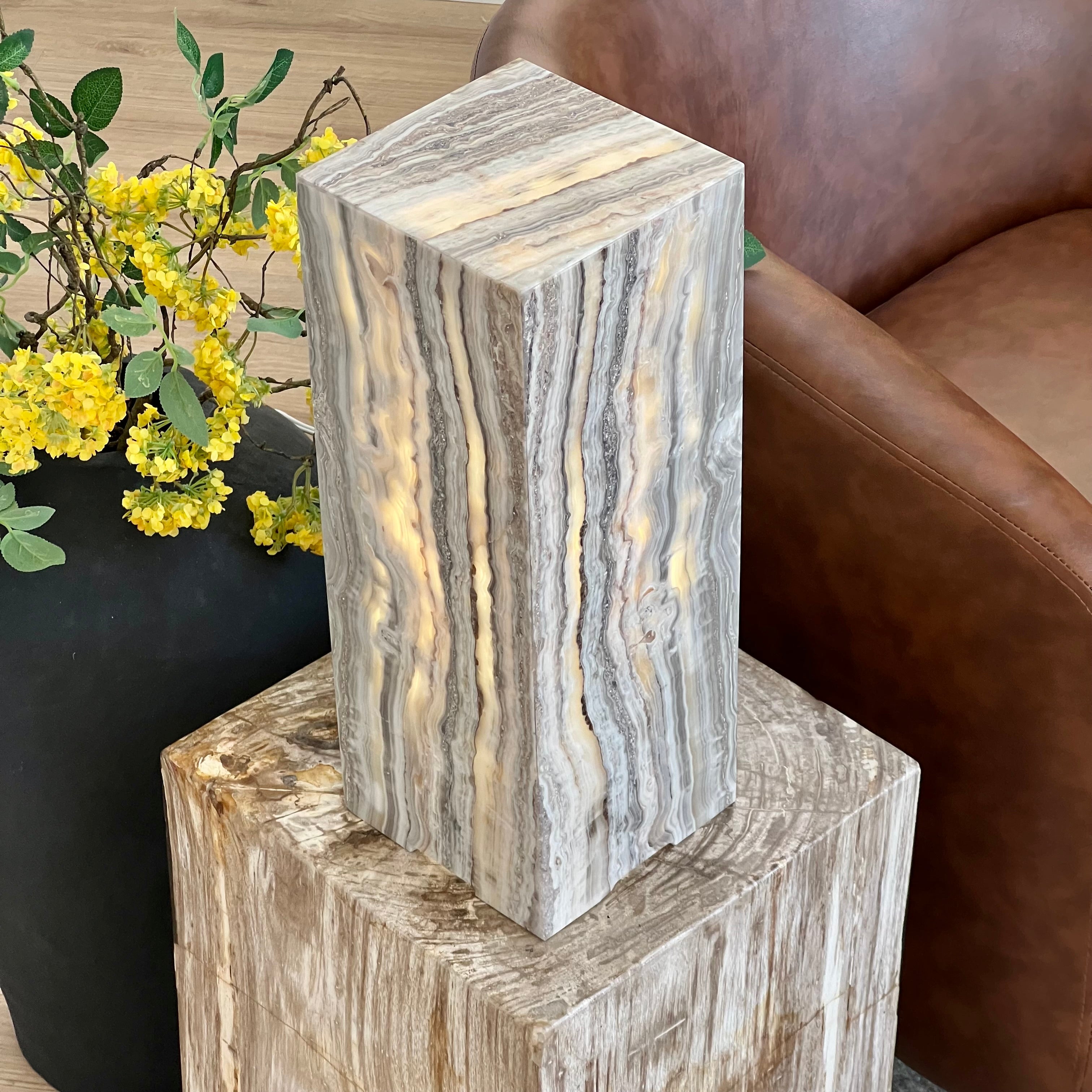 Gray & Amber Handcrafted Natural Onyx Stone Lamp – Rectangular Column