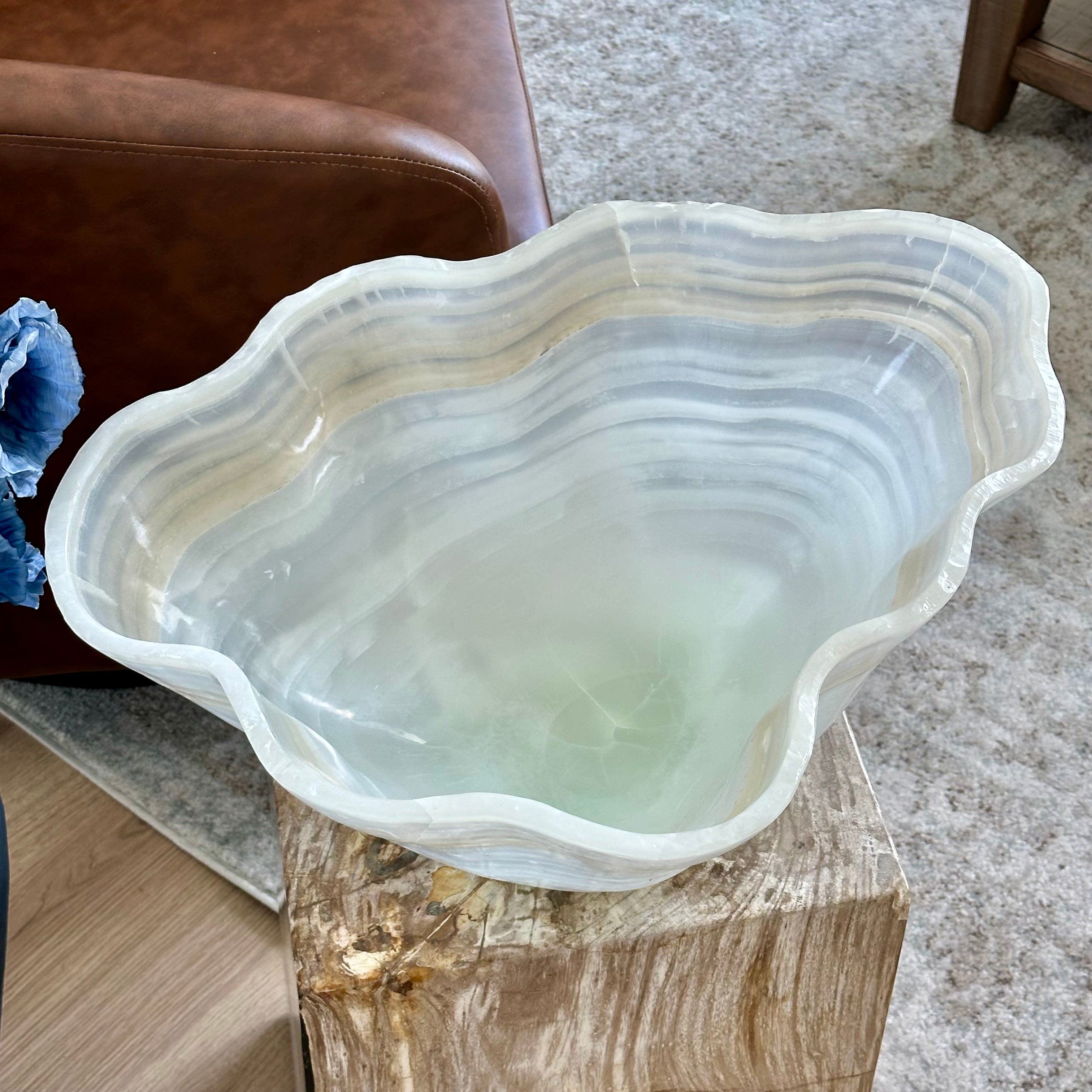 Handcrafted Layered Clear Onyx Bowl with Beige and Green Bands