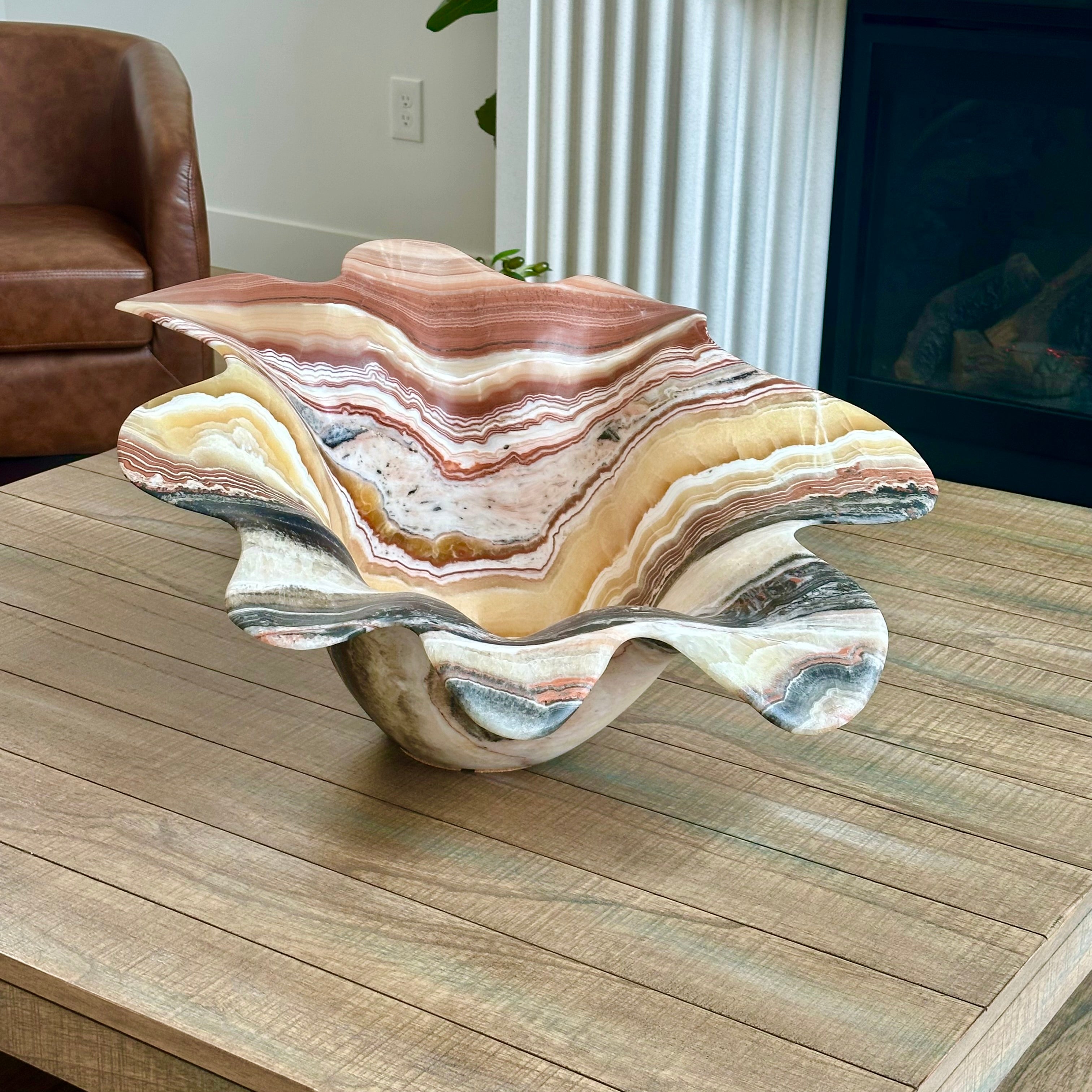 Hand-Carved Onyx Flower Bowl – Red, Yellow, White & Black Veined Stone Centerpiece