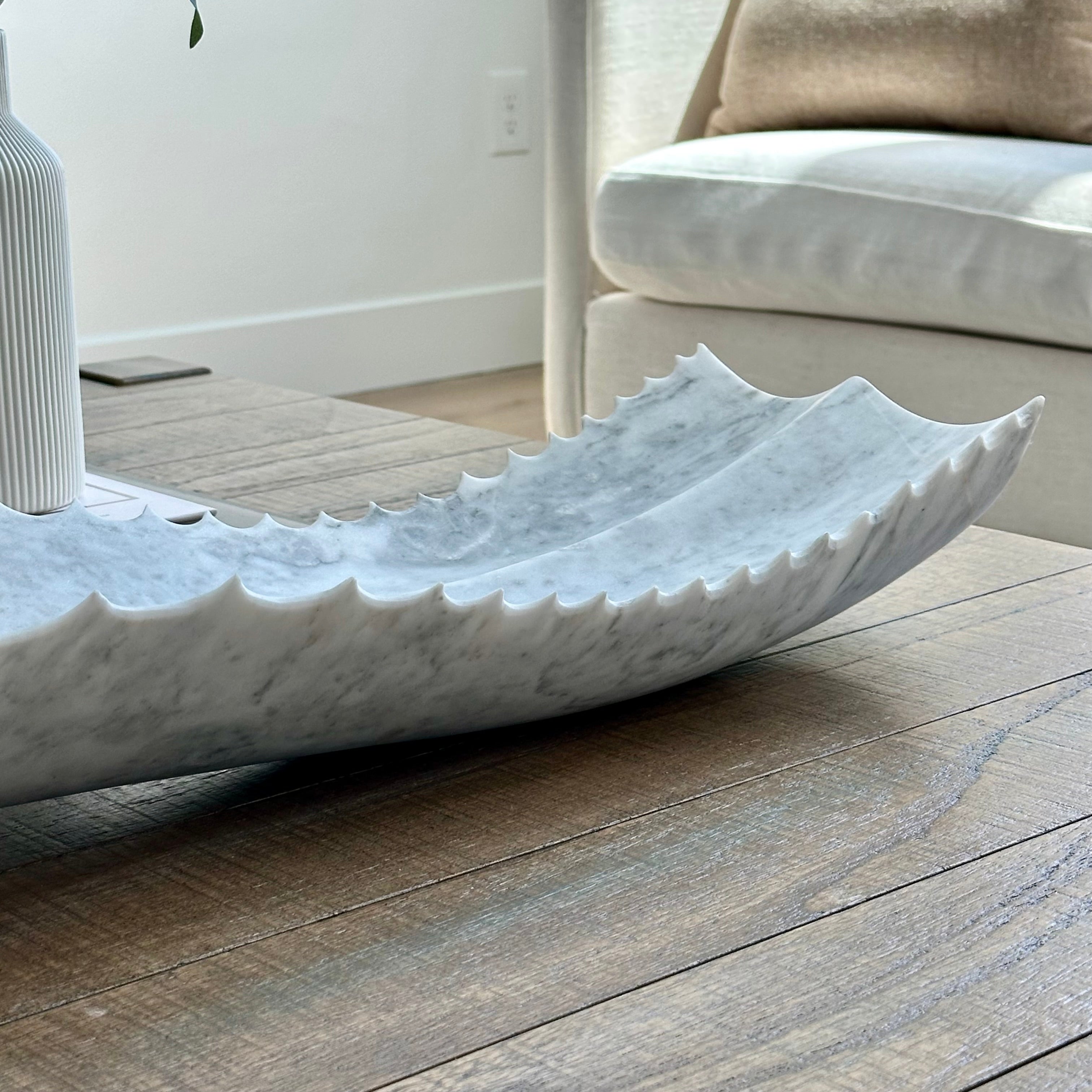 White Marble Agave Leaf Canoe Bowl – Hand-Carved Stone Centerpiece