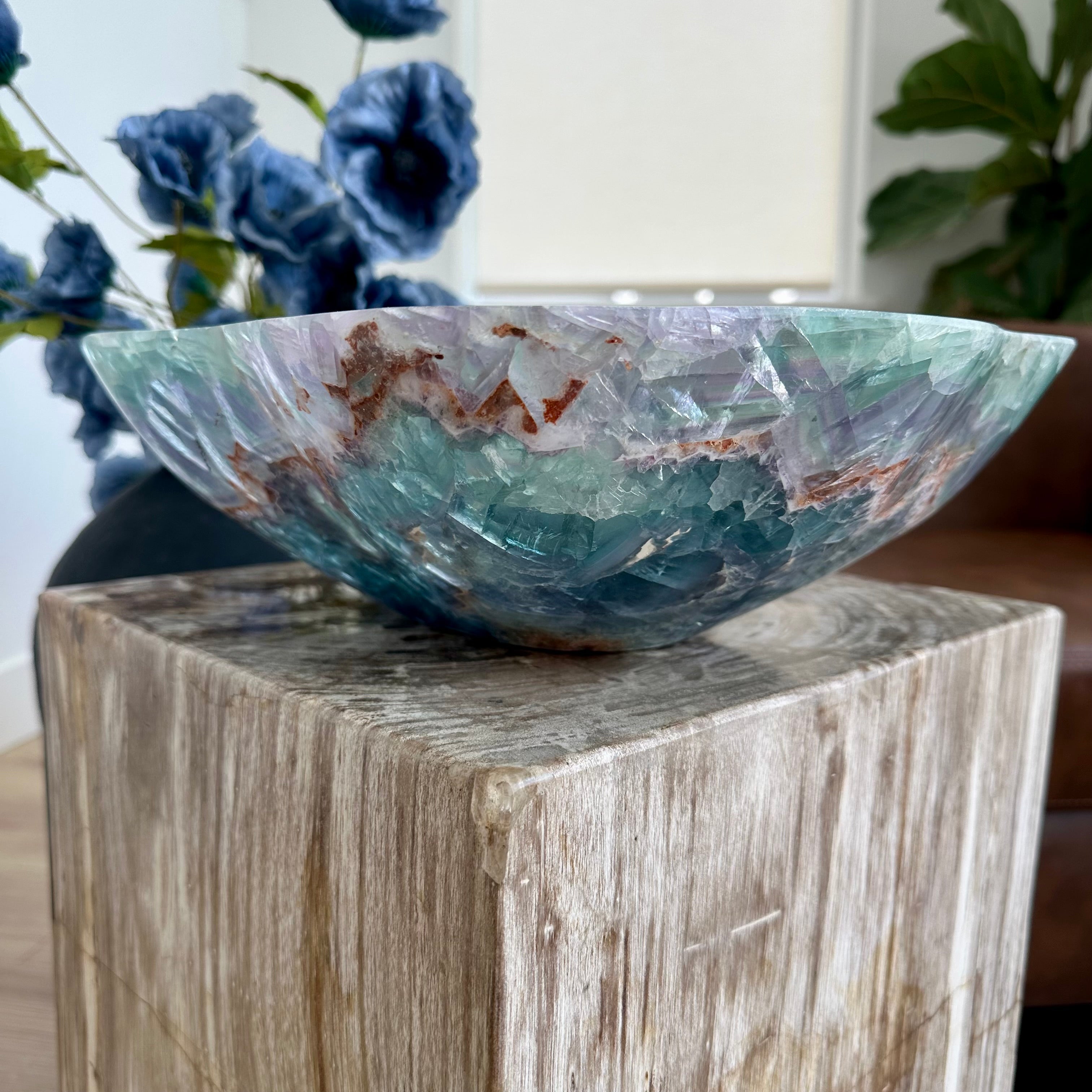 Natural Fluorite Bowl – Hand Carved Crystal Bowl for Home Decor, Charging, or Altar | Green Purple Gemstone