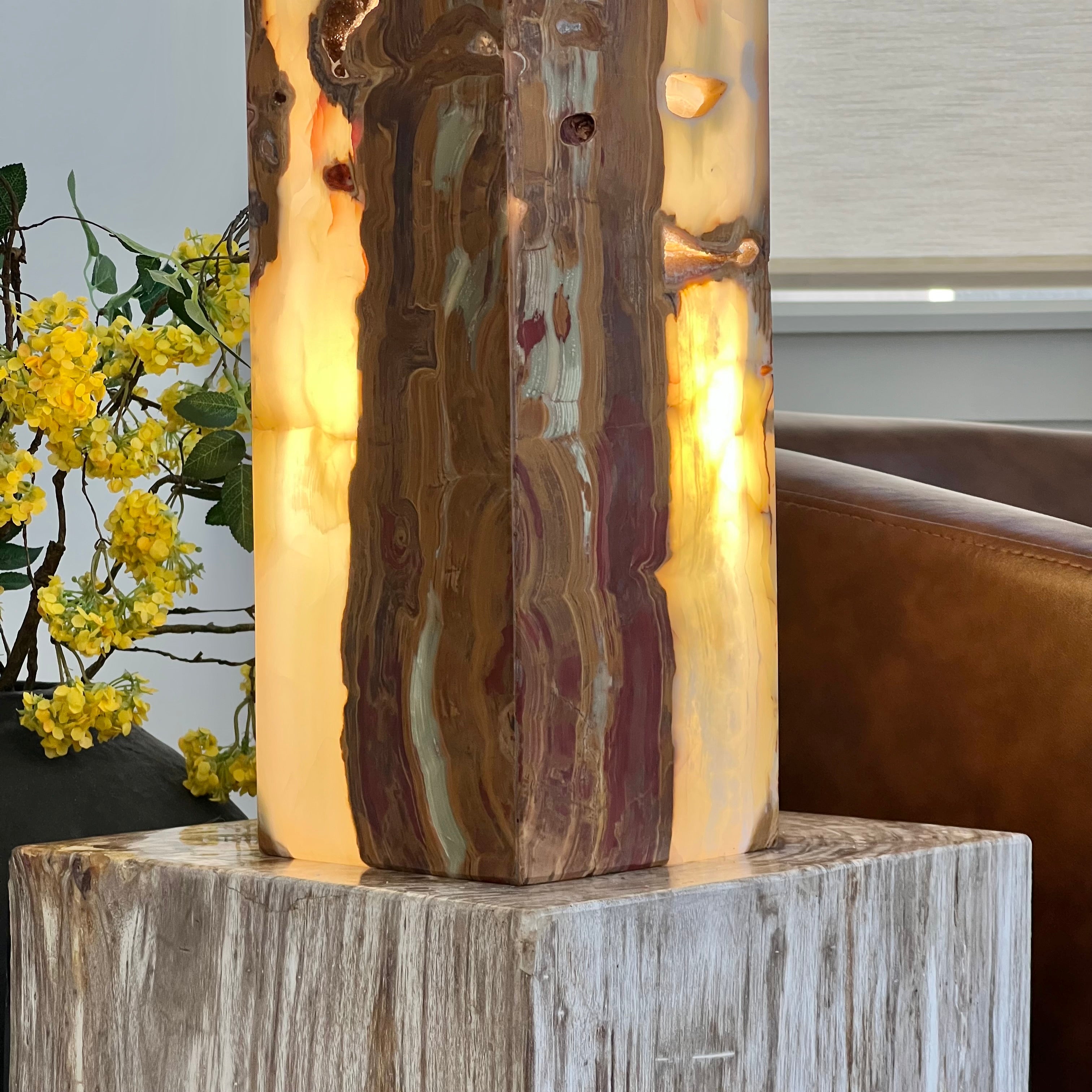 Green & Amber Earth Tones Handcrafted Natural Onyx Stone Lamp – Rectangular Column