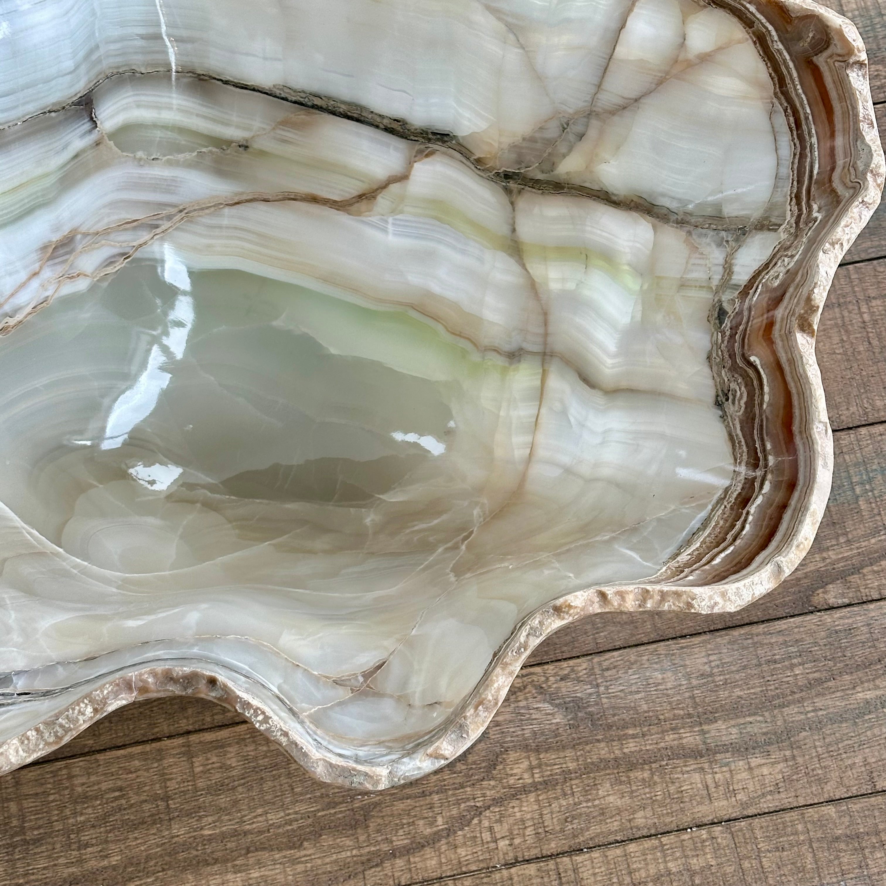 Large Hand-Carved Clear & White Onyx Bowl with Hints of Green and Amber