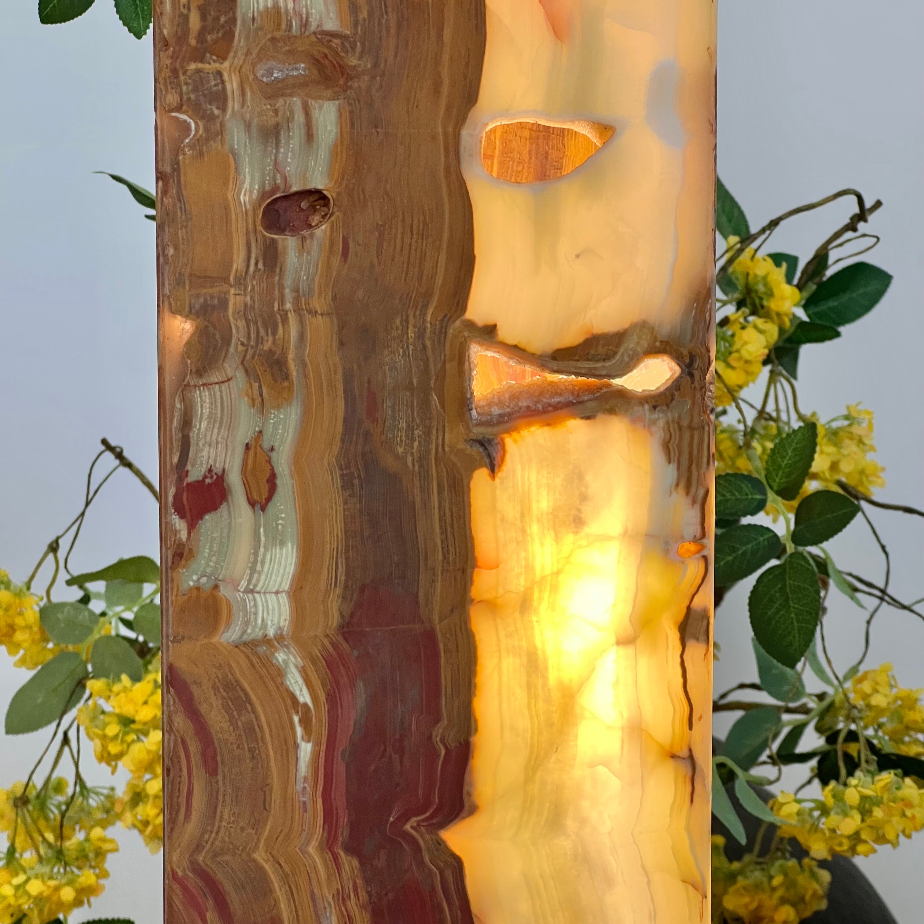 Green & Amber Earth Tones Handcrafted Natural Onyx Stone Lamp – Rectangular Column