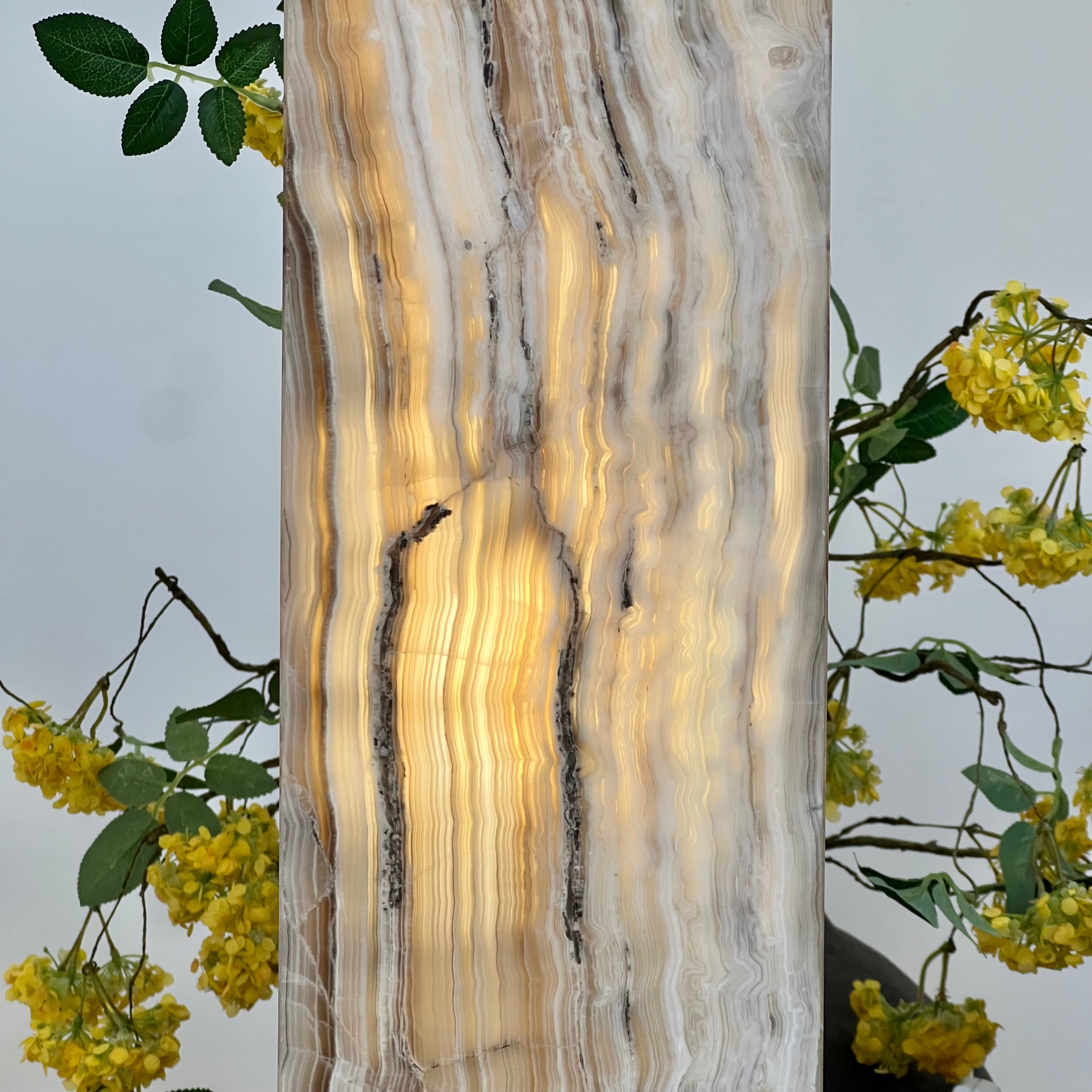 Gray & Amber Handcrafted Natural Onyx Stone Lamp – Rectangular Column