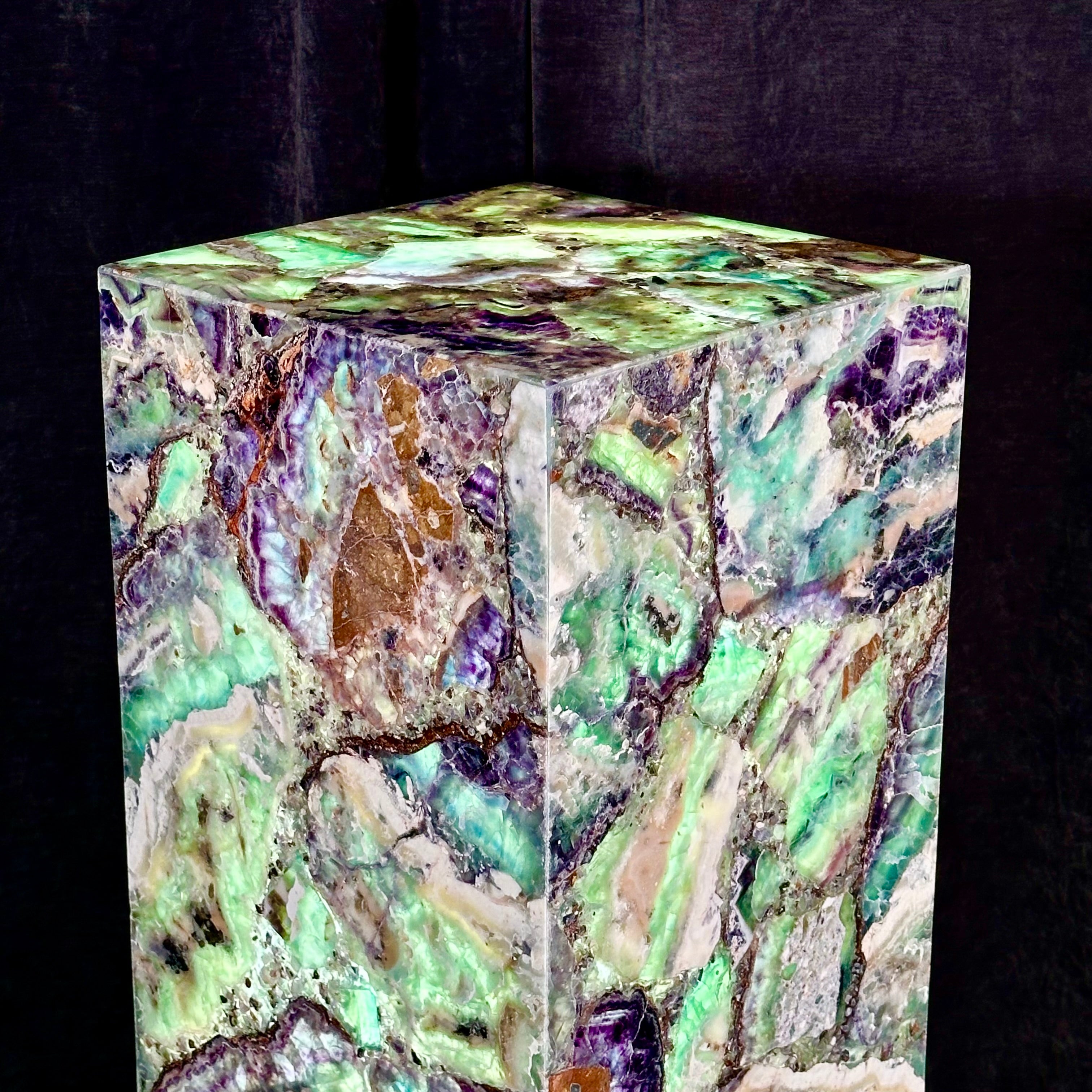 Fluorite Pillar Pedestal Lamp – 50” Tall Hand-Carved Gemstone Light Sculpture