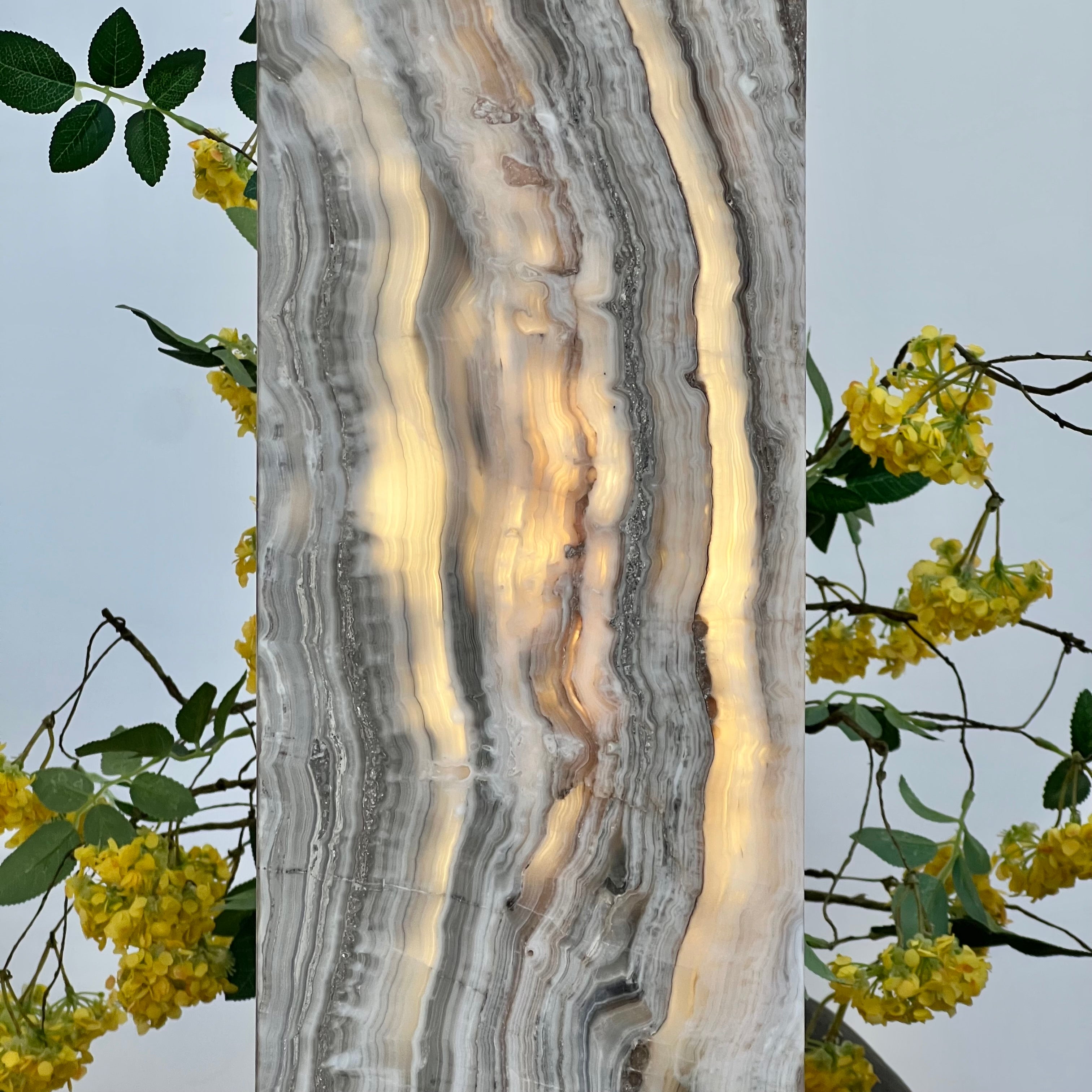 Gray & Amber Handcrafted Natural Onyx Stone Lamp – Rectangular Column