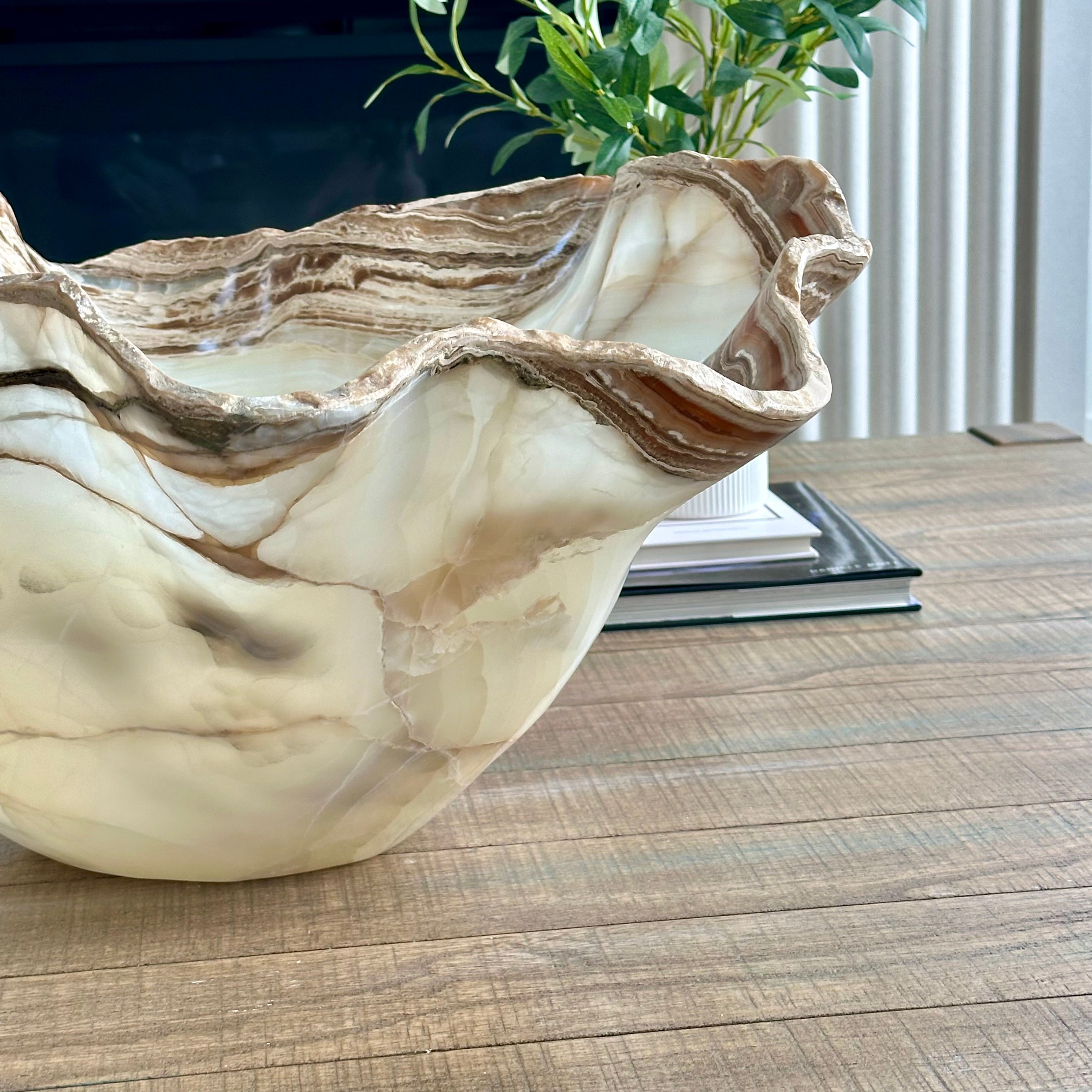 Large Hand-Carved Clear & White Onyx Bowl with Hints of Green and Amber