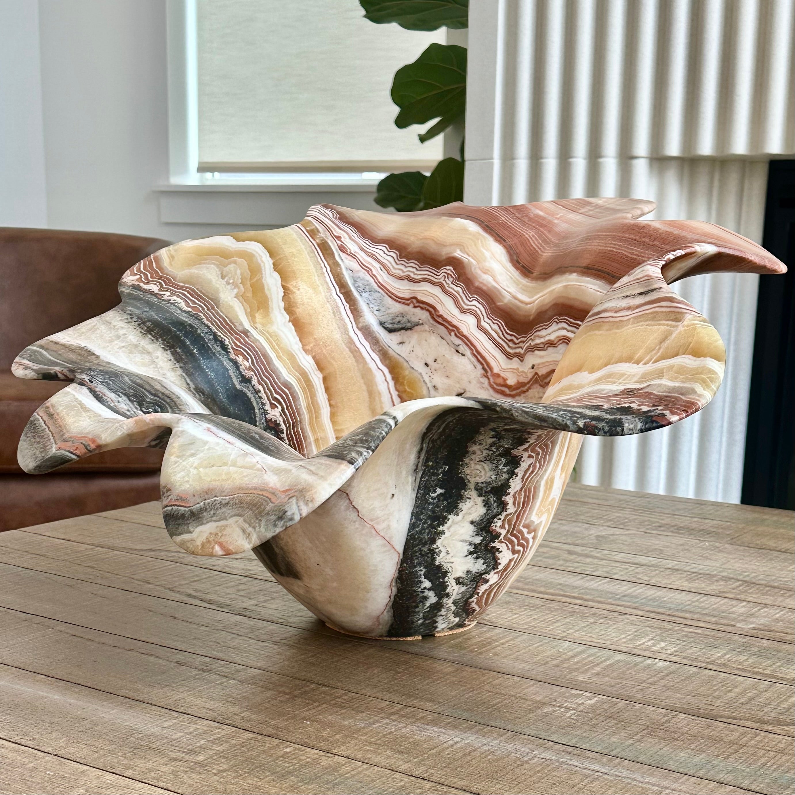 Hand-Carved Onyx Flower Bowl – Red, Yellow, White & Black Veined Stone Centerpiece