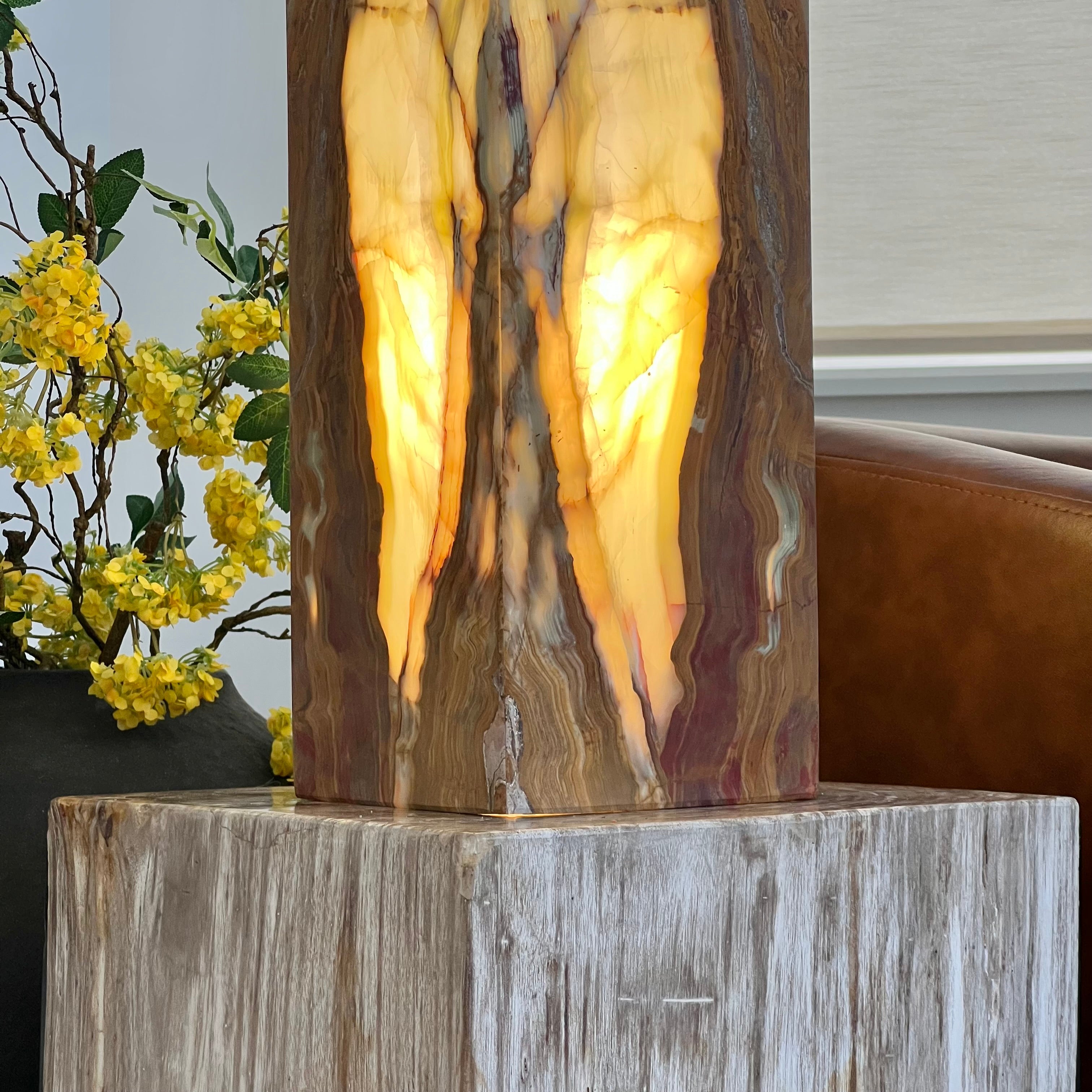Green & Amber Earth Tones Handcrafted Natural Onyx Stone Lamp – Rectangular Column