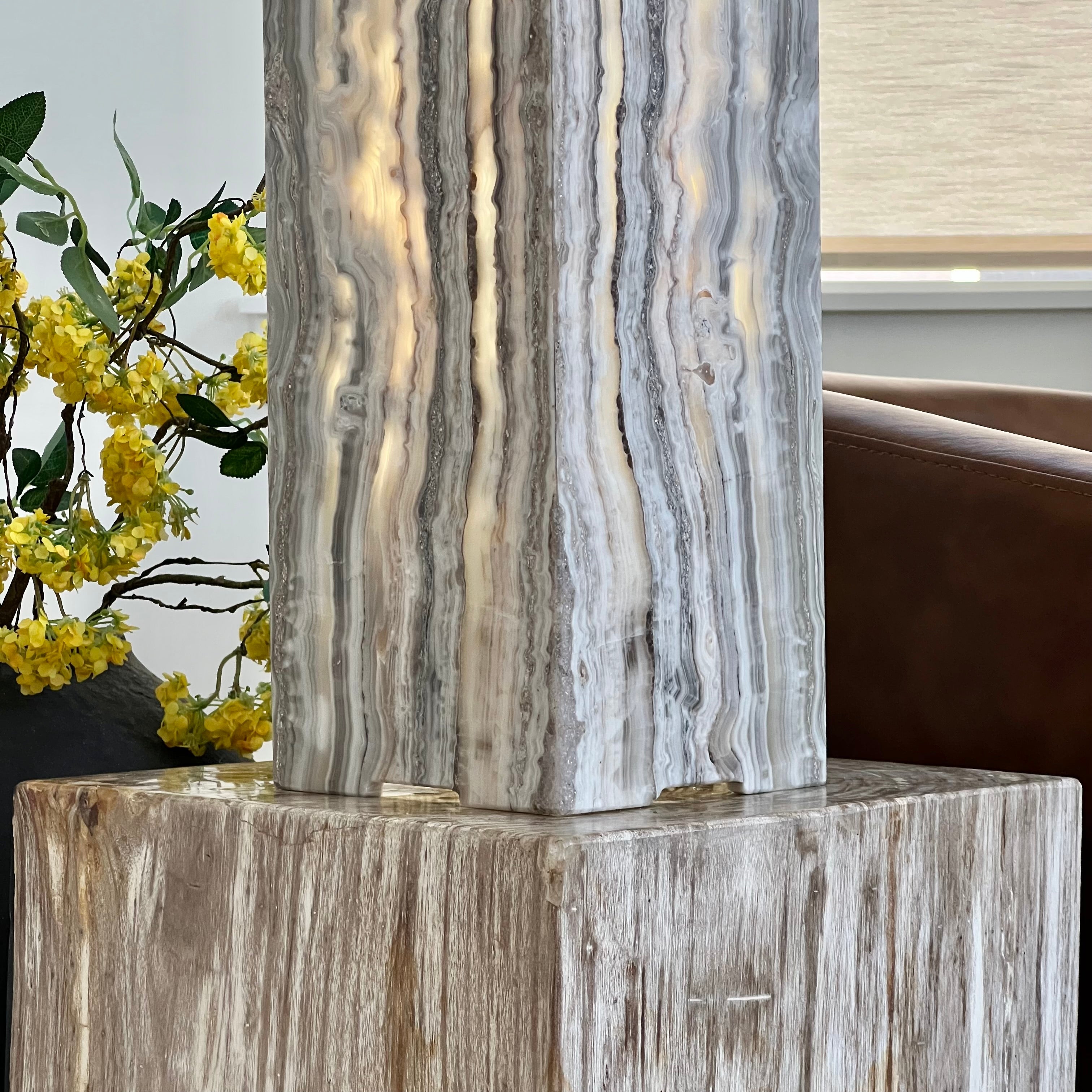 Gray & Amber Handcrafted Natural Onyx Stone Lamp – Rectangular Column