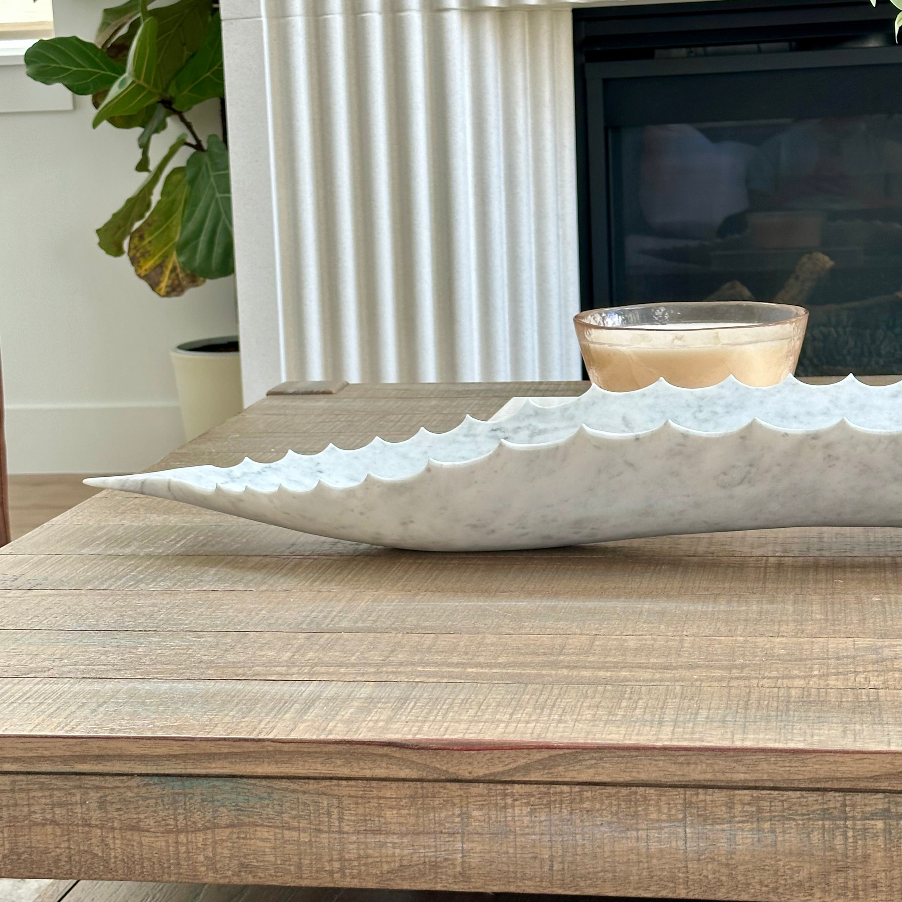 White Marble Agave Leaf Canoe Bowl – Hand-Carved Stone Centerpiece