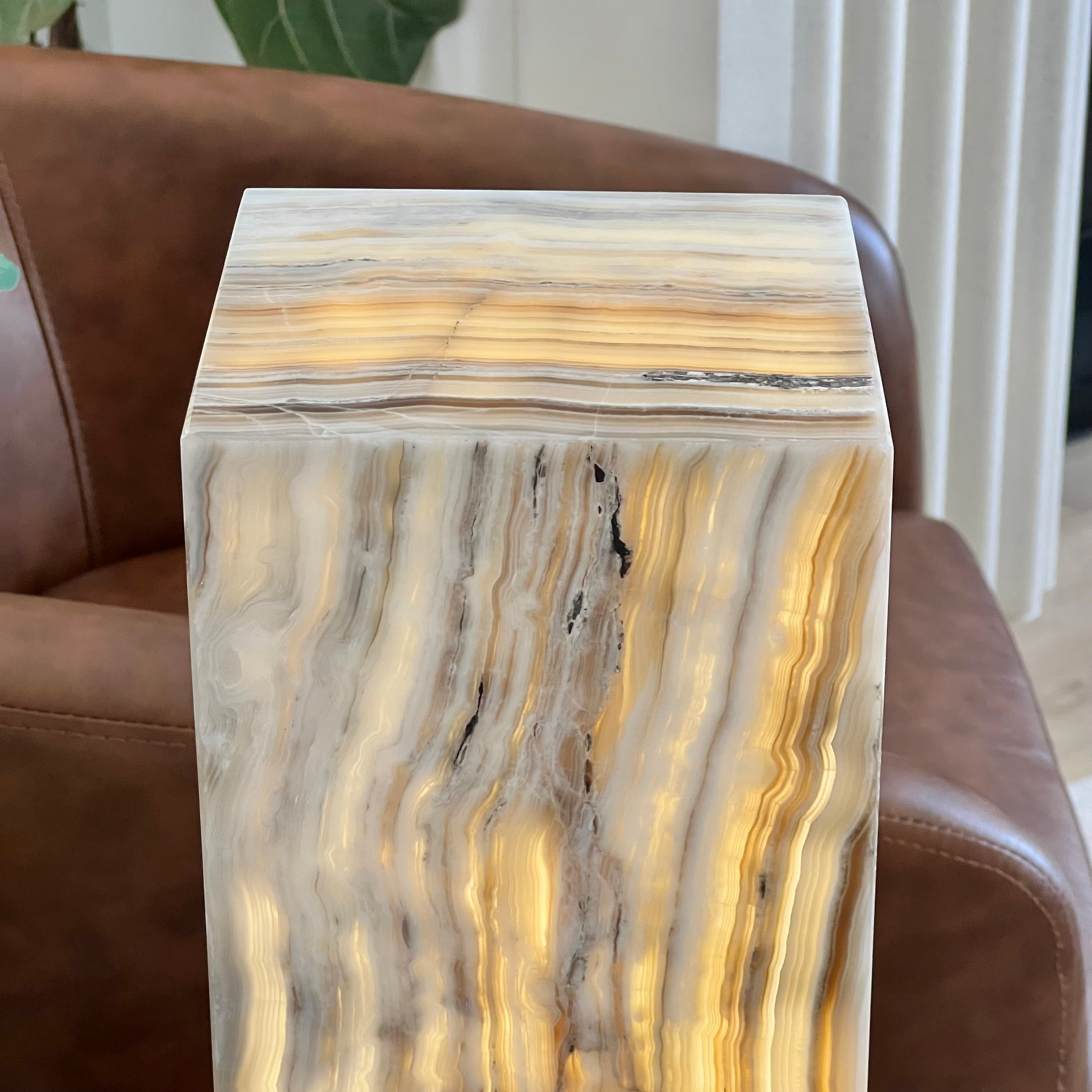 Gray & Amber Handcrafted Natural Onyx Stone Lamp – Rectangular Column