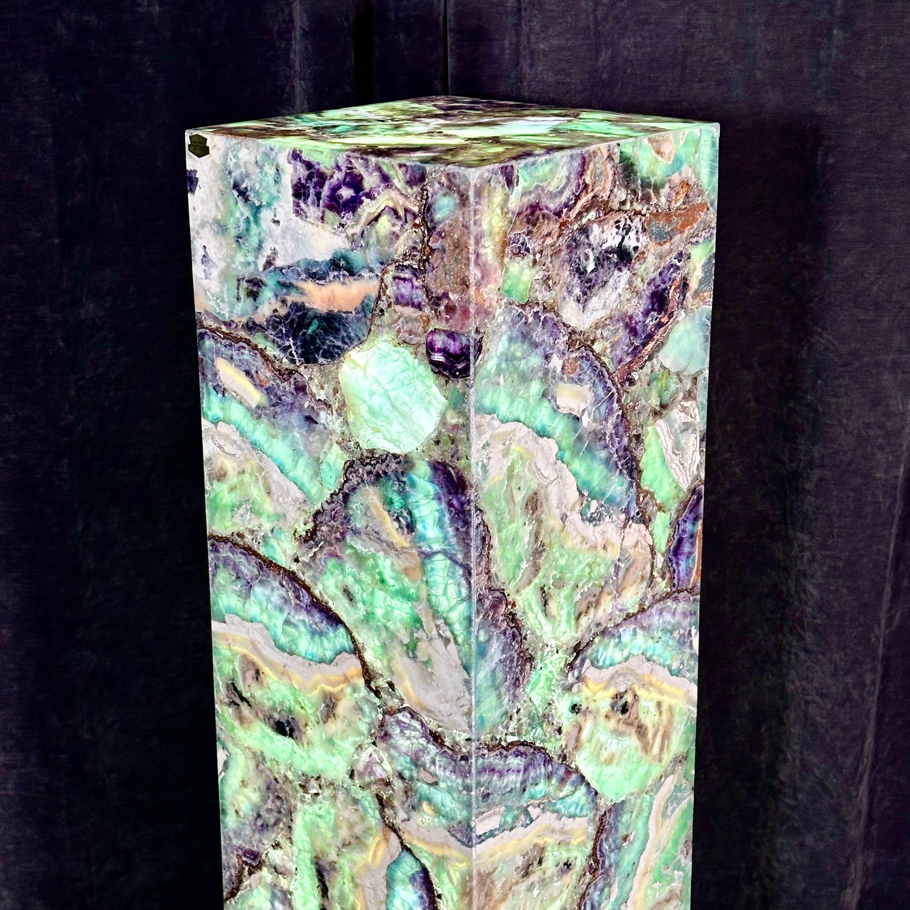 Fluorite Pillar Pedestal Lamp – 50” Tall Hand-Carved Gemstone Light Sculpture