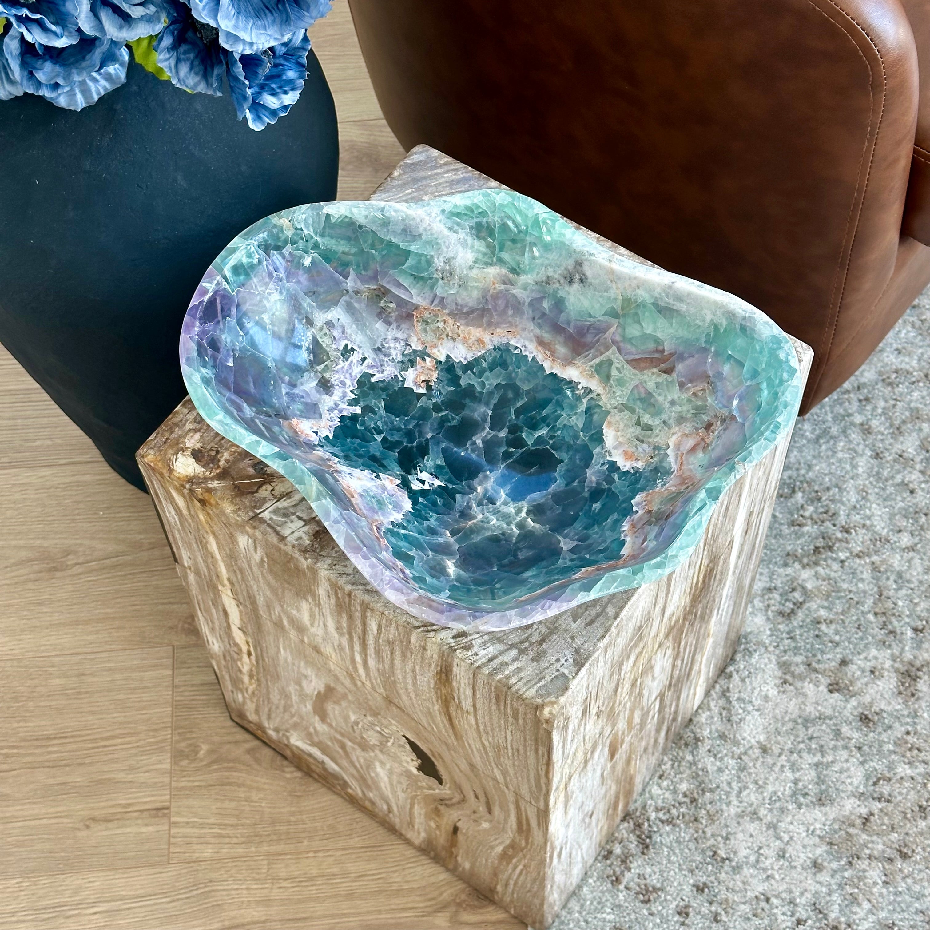 Natural Fluorite Bowl – Hand Carved Crystal Bowl for Home Decor, Charging, or Altar | Green Purple Gemstone