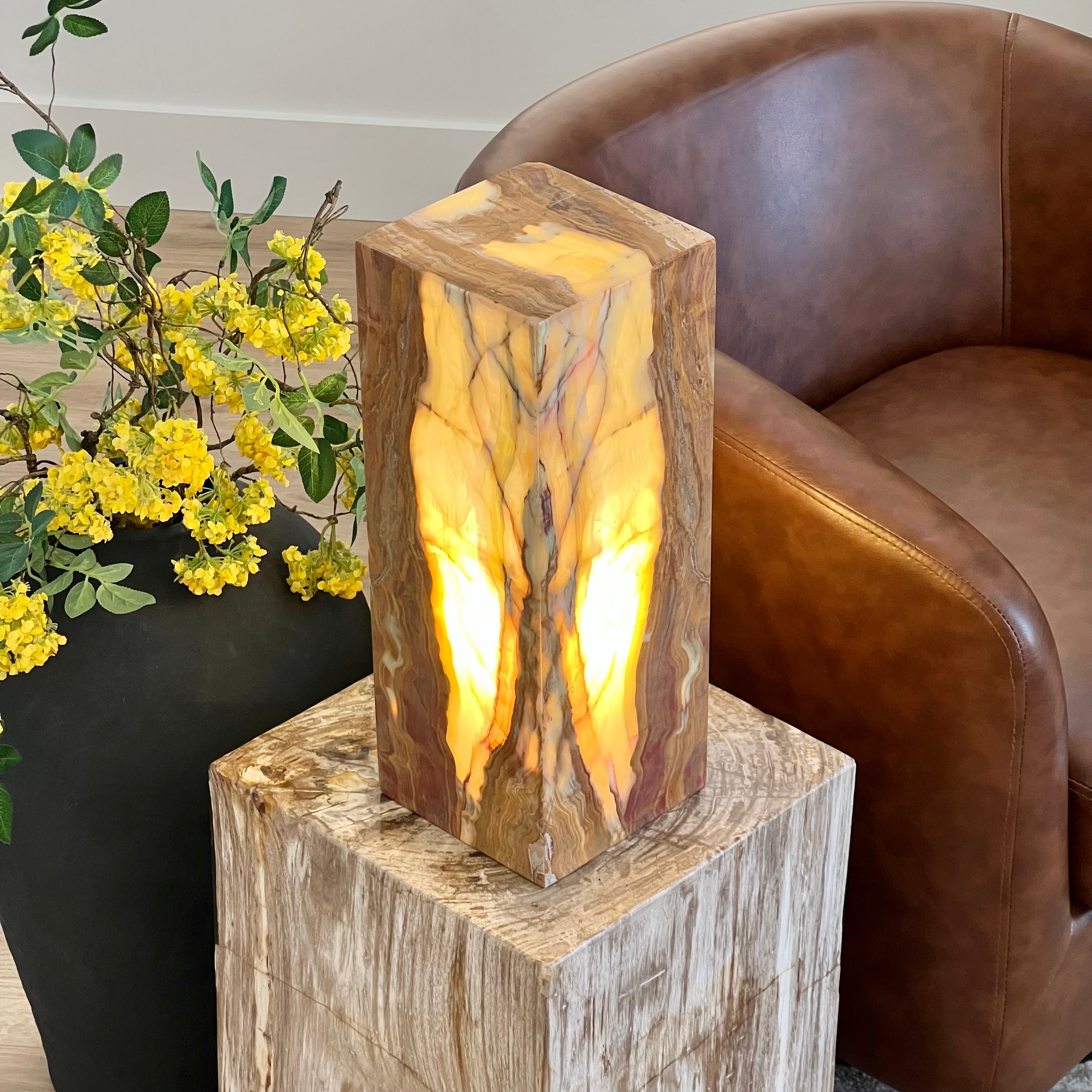 Green & Amber Earth Tones Handcrafted Natural Onyx Stone Lamp – Rectangular Column