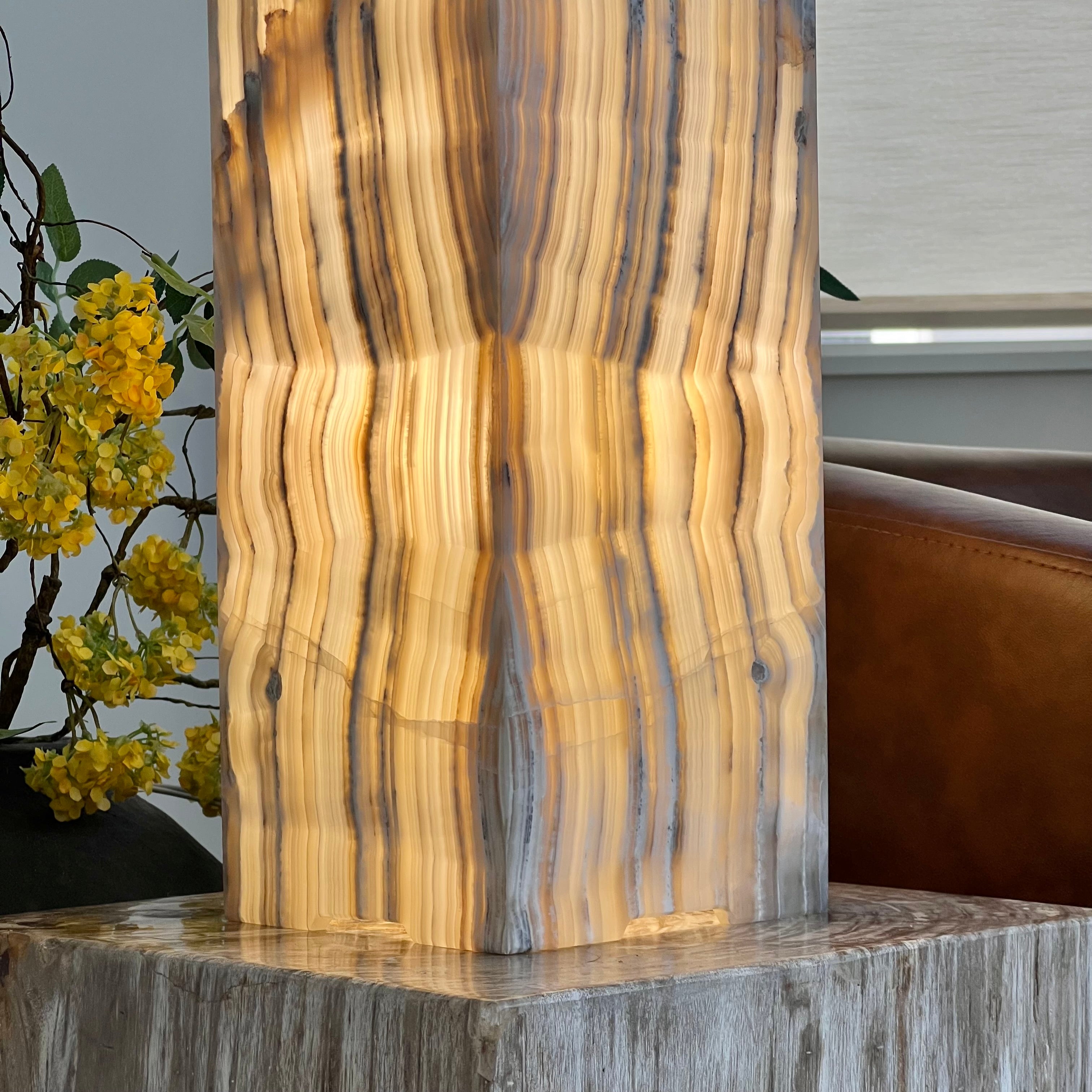 Gray & Amber Handcrafted Natural Onyx Stone Lamp – Rectangular Column