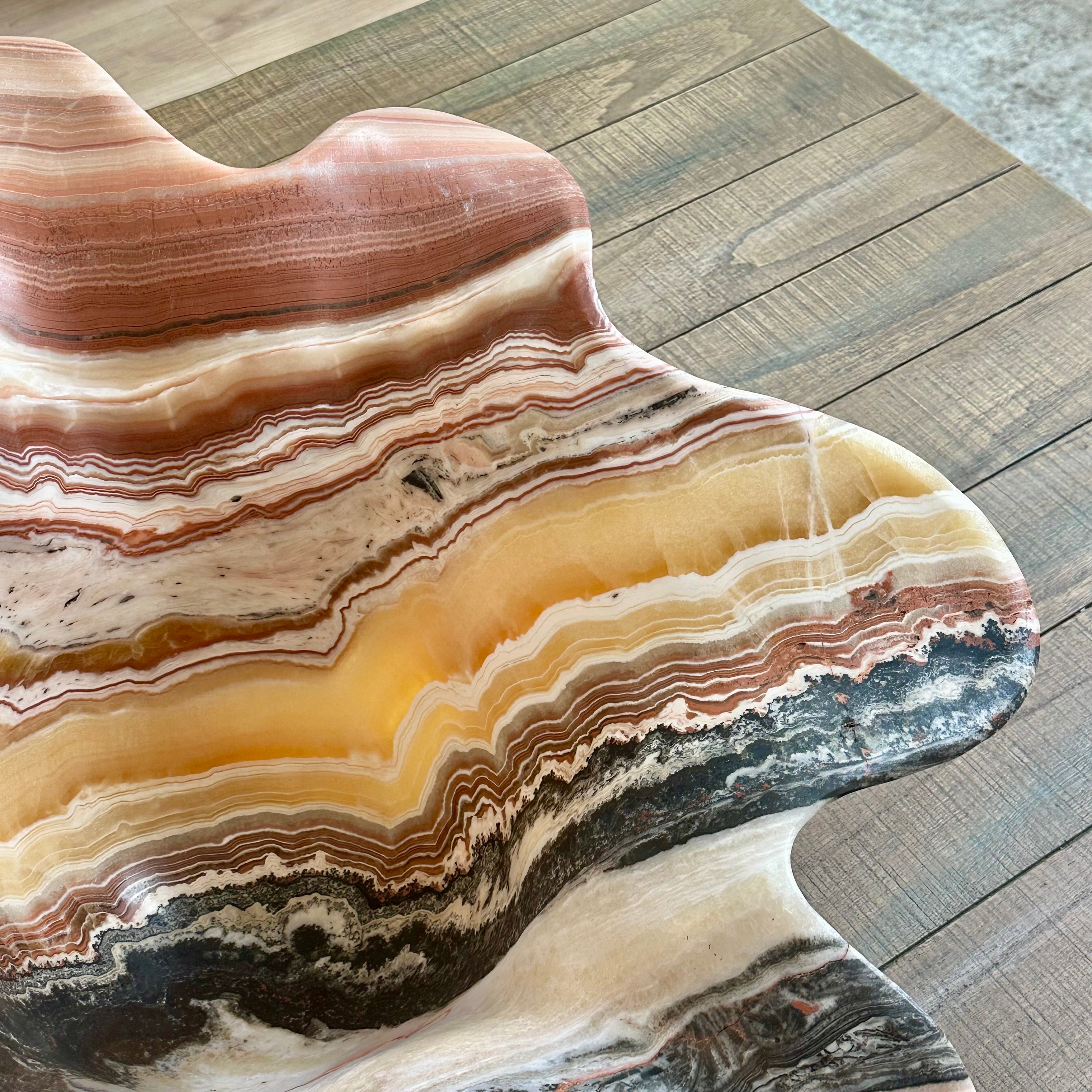 Hand-Carved Onyx Flower Bowl – Red, Yellow, White & Black Veined Stone Centerpiece