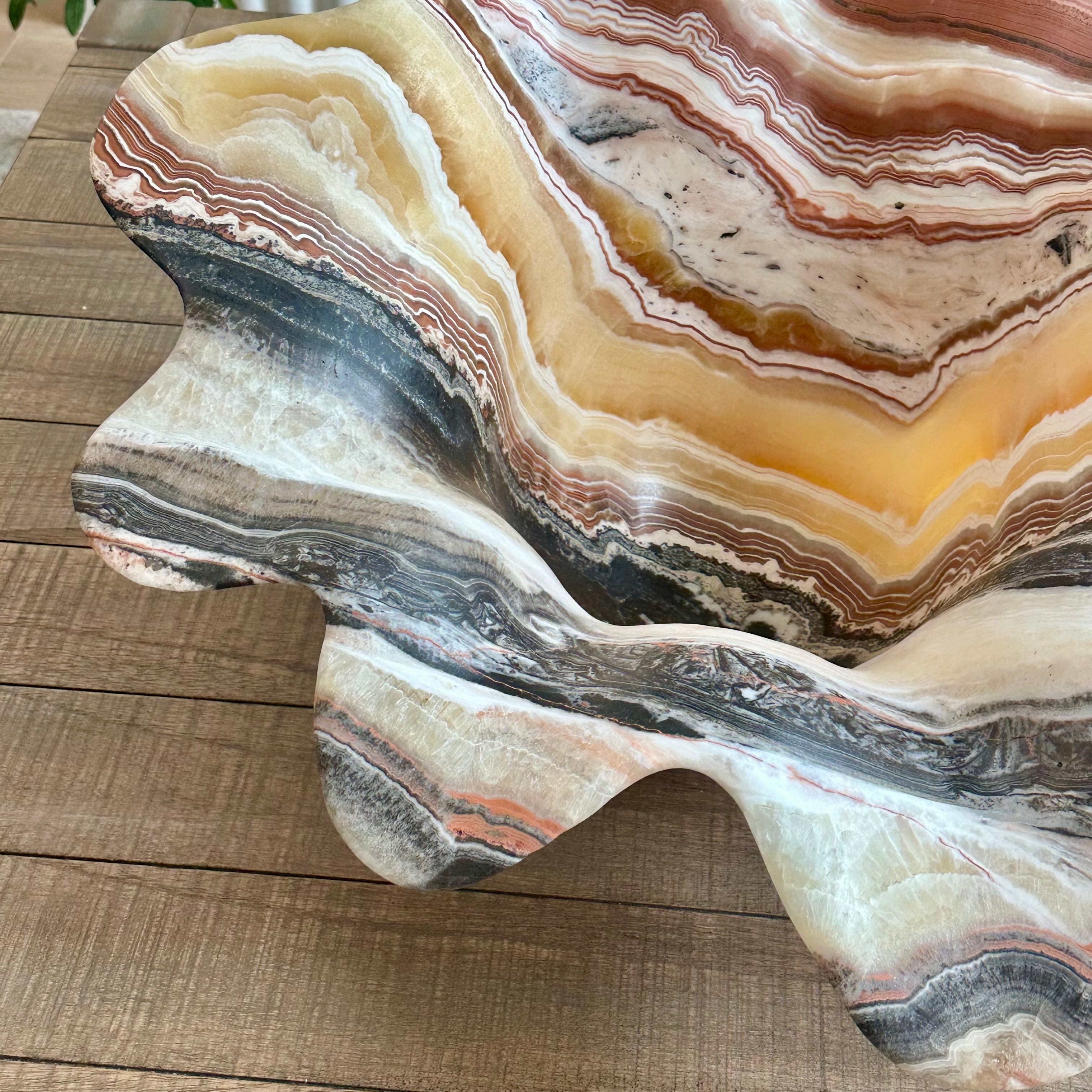 Hand-Carved Onyx Flower Bowl – Red, Yellow, White & Black Veined Stone Centerpiece